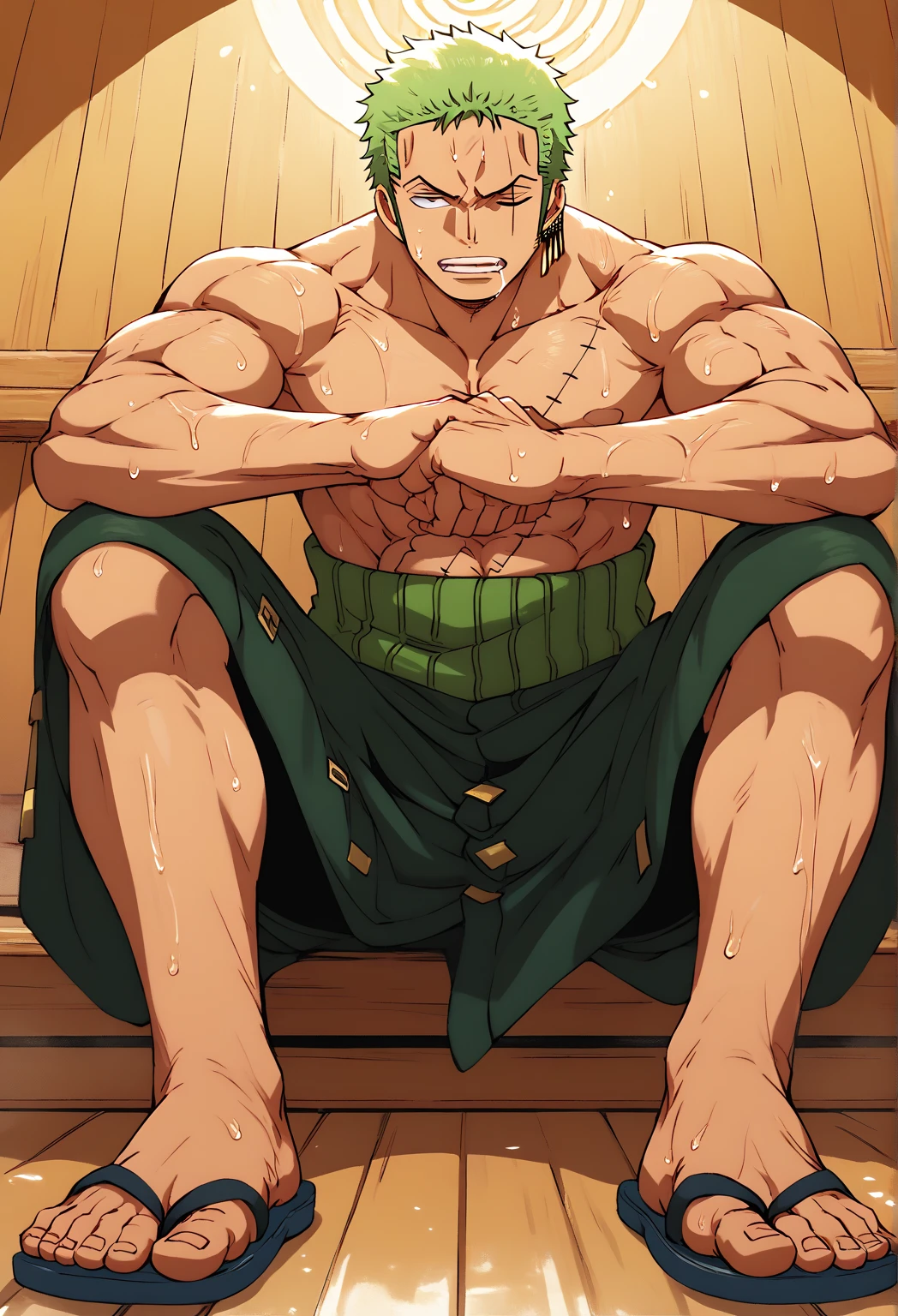 Full-body depiction of roronoa zoro, in a floor exercising in briefs detailed face feet view no socks