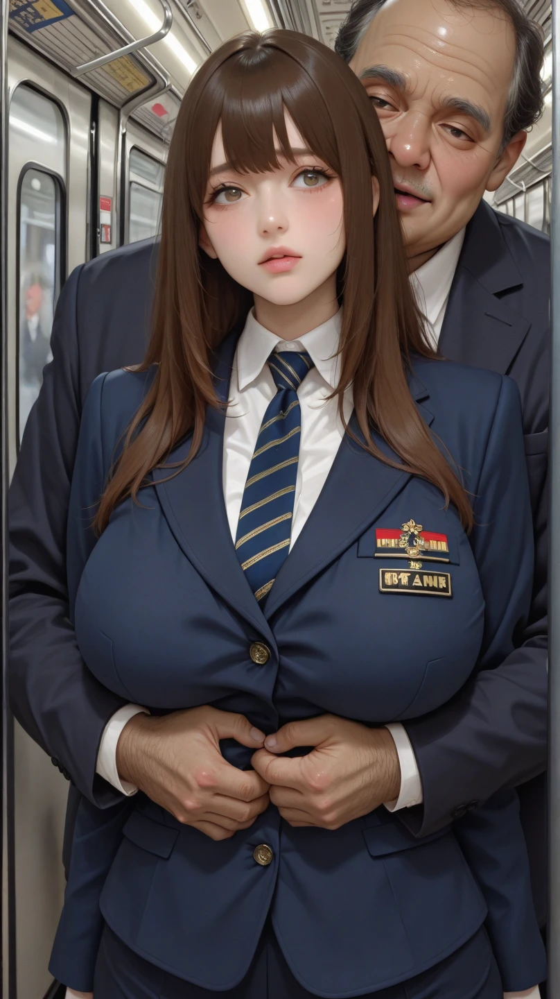 1Man girl、top-quality、超A high resolution、Colossal tits、breastsout、Wavy blonde hair、Picture-perfect face、、Beautiful expression、beauitful face、beautidful eyes、High School Uniforms、Schoolgirl Uniform、a miniskirt、White T-Pack、beauty legs、Subway train interior background、In a crowded train、(Lots of men on the train、Male molesters、Molestation on the train)、(((( Man standing behind schoolgirl、A man lifts a skirt from behind a schoolgirl、A man grabs a schoolgirl buttocks from behind、A man grabs a schoolgirl's chest from behind、Touching the chest))))、(insertion(SEX) 、Ejaculation on the body、Massive ejaculation)、fear expression、blushed face、s ass、Turned、、upturned ass、Show me your sloping buttocks、Stick your big butt out towards the viewer