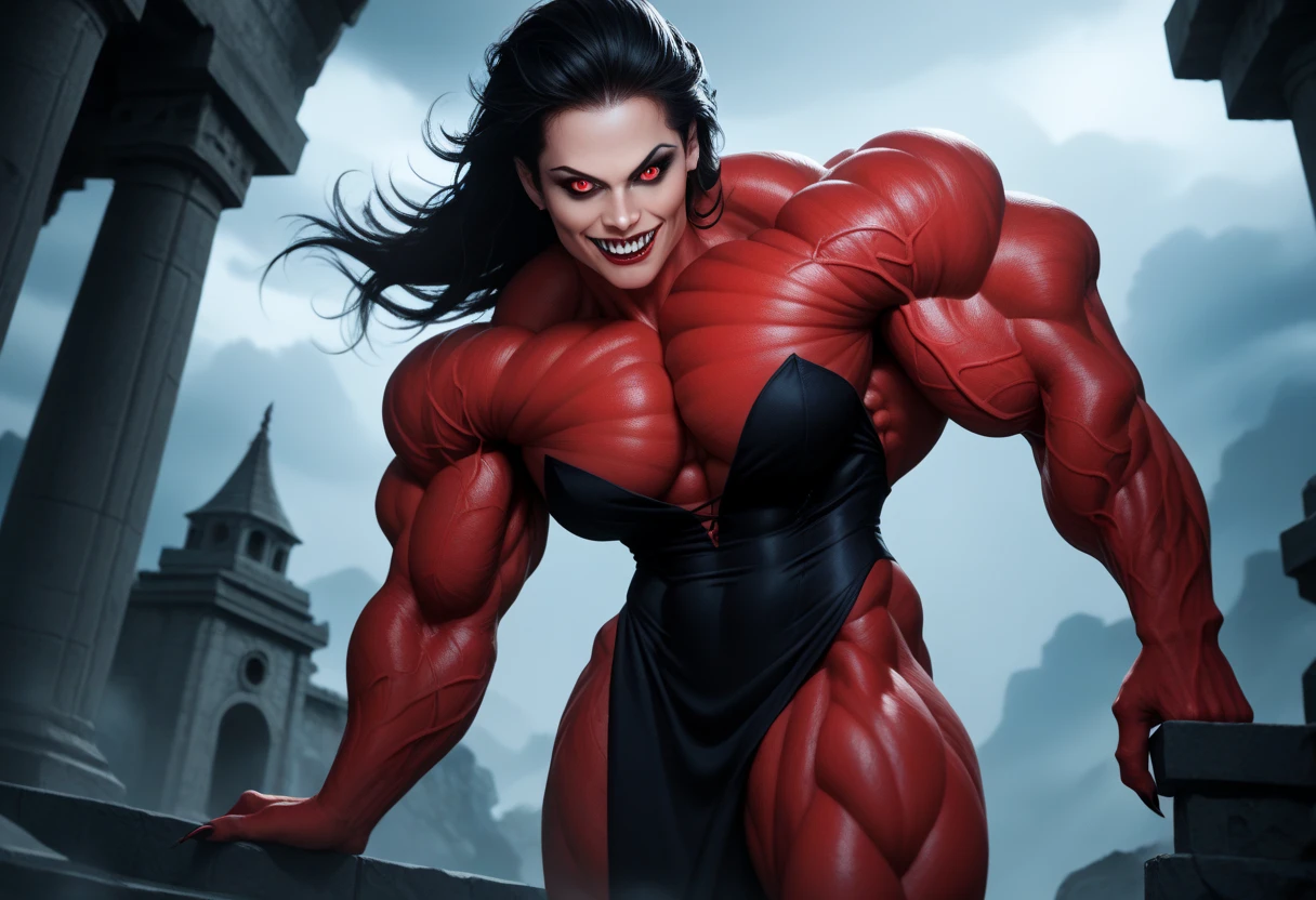 (beautiful girl face:1.45), megan fox as a beautiful vampiric girl with a muscular red carnage body, (mouth wide open with tongue out:1.25), (red carnage anatomic muscular bio-mecha muscle suit:1.25), (body totally covered in muscles, veins, tendons), (perfect muscular anatomy), (fake large breasts:1.25), (slim waist:1.25), (long hair:1.25), (perfect hands:1.25)
