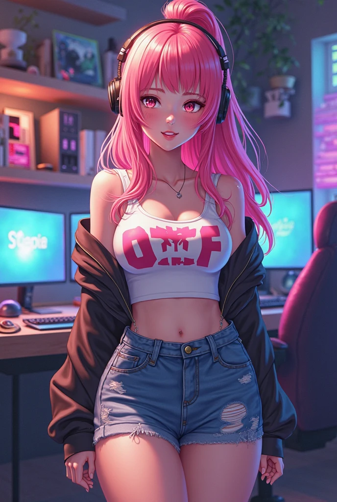 (Highest quality:1.2, Very detailed, up to date, Vibrant, 超High resolution, High Contrast, masterpiece:1.2, Highest quality, Best aesthetics), (((1 girl))), Beautiful musicians, A carefully painted DJ table, Bondage Fashion, Professionalism, Bright colors, Soft lighting, Expressive eyes, Detailed lips, Long eyelashes, Pleasant atmosphere, incite inferiority, Obscene eyes, Lewd smile, Open your mouth, blush, Ahegao:1.2, Big Breasts, Cleavage;1.1, ((Black tube top, hot pants, Fishnet tights, accessories, Headphones)), Focus on , Positive Energy, Calm background, A nurturing presence, High resolution, Sharp focus.