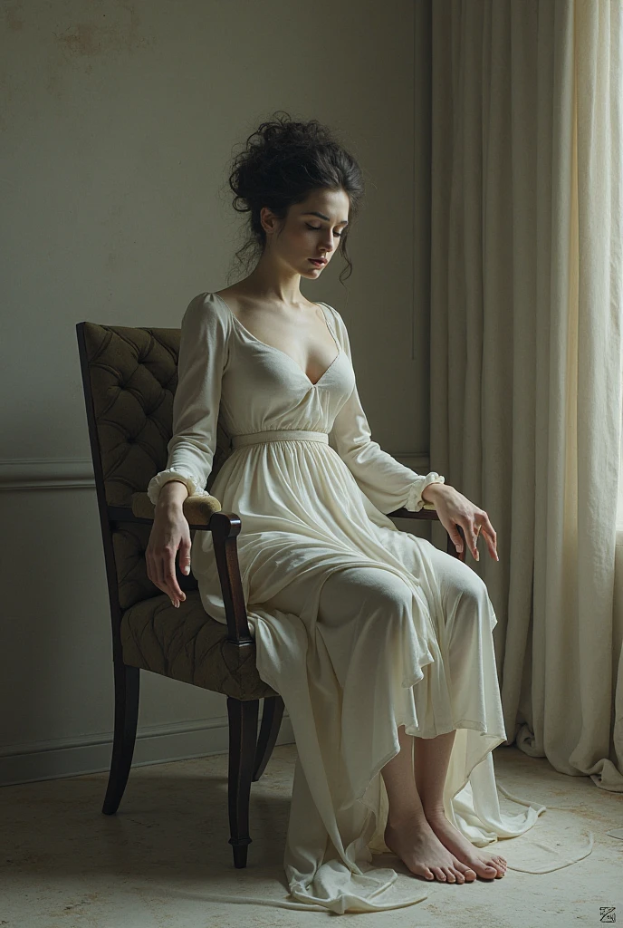 A beautiful young woman in her 20s, sitting on a wooden chair, wearing a summer dress, 1980s aesthetic, vintage vibe, high heels, front view, detailed facial features, intricate clothing folds, cool lighting, cinematic composition, photorealistic, highly detailed, dramatic shadows, vibrant colors, soft focus, film grain, elegant pose, faded photo