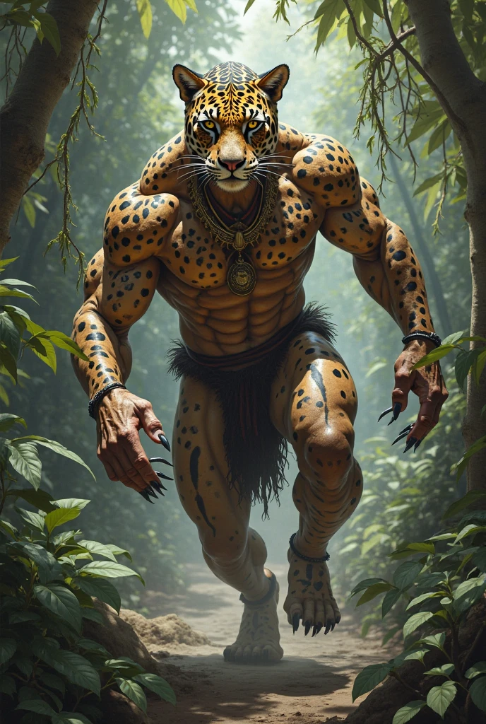 In the heart of a dense and mysterious dark forest, a captivating fusion of man and jaguar, named Jaguarman, roamed with an aura of enigmatic power. Dressed in a camouflaged military green uniform, he exuded an air of readiness, holding a sleek, elite sniper rifle in his firm grip. The full moon illuminated the surrounding environment with its lustrous glow, casting long, dramatic shadows. Jaguarman's eyes, a mesmerizing mix of human intellect and the wild instincts of his jaguar alter ego, were sharp and alert. The high-quality, 8k image, rendered in realistic style, revealed every intricate detail of Jaguar