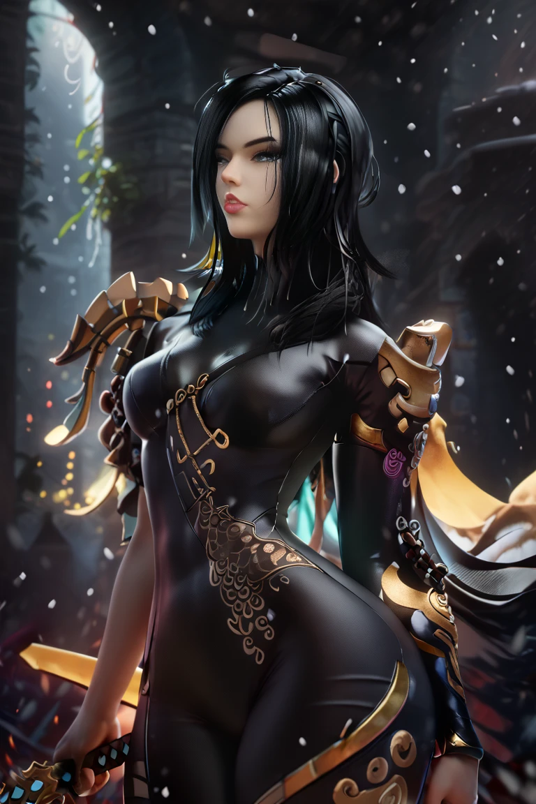 masterpiece,Game Art,Best picture quality,Maximum resolution,8K,(Upper Body),Unreal Engine 5 rendering works,(Digital Photography),((Upper BodyFeature:1.5)), 20 year old girl,Boyahan Cook,Short hair details,Long bangs,(The red eye makeup is carefully applied),(With long gray hair:1.4),(Large target, Full breasts),Elegance and nobility,Brave and charming, (Standing dynamic posture),(The future armor combines the characteristics of Chinese armor,hollow-carved design,Power Armor,Mysterious oriental runes,Exquisite clothing patterns,Magic Flash),Future Warrior,Cyberpunk Characters,War Background, light,Ray Tracing,Game CG,((3D Unreal Engine)),OC rendering reflection mode