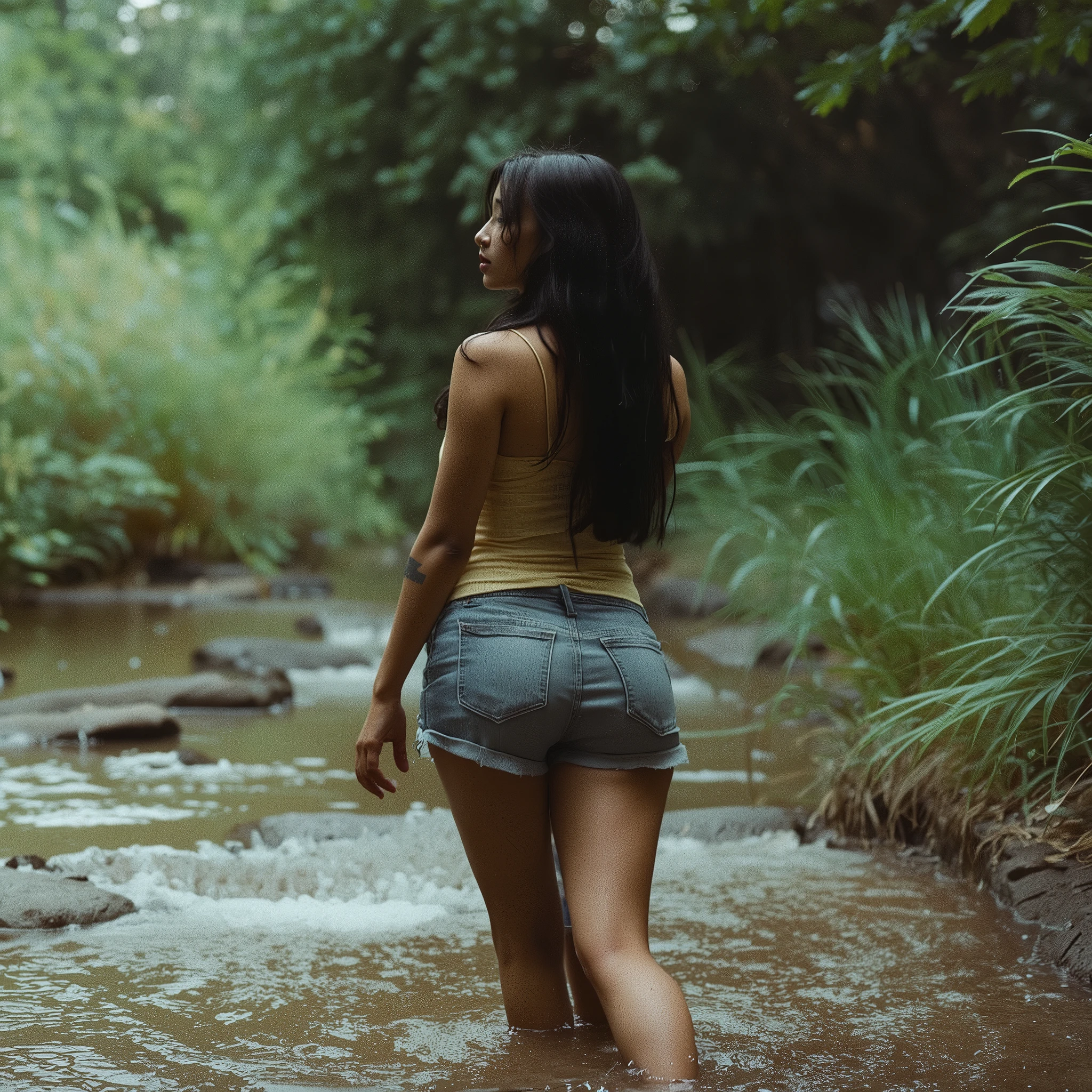 A young Latina woman stands in a shallow, crystal-clear stream surrounded by tall, damp green grass and shaded summer vegetation. She is facing away from the camera, her back gently arched, capturing the elegant lines of her figure. Her arms rest softly at her sides, fingertips brushing the surface of the water, while one leg is slightly bent to convey a relaxed, natural stance. She wears a light yellow floral spaghetti strap top and fitted denim shorts, both slightly wet from the stream, clinging subtly to her silhouette. Her long, dark wavy hair is gathered in a loose side ponytail, cascading down her shoulder and back with soft bangs framing the side of her face in profile. The lighting is cool and dramatic, with overcast tones and bluish gel-like effects casting subtle highlights on the water and her damp clothing. The scene has a moody cinematic feel — the sunlight filtered through clouds or dense foliage creates high contrast between the reflective surface of the stream and the soft, diffused shadows on her skin. Camera styles: — DSLR (Canon EOS R5): tack-sharp focus on the textures of her hair, skin, and fabric, with a shallow depth-of-field and creamy bokeh enhancing the background foliage. The scene evokes introspection and serenity, with an atmospheric tone blending natural beauty and quiet emotional weight — perfect for a cinematic portrait inspired by fine art photography.