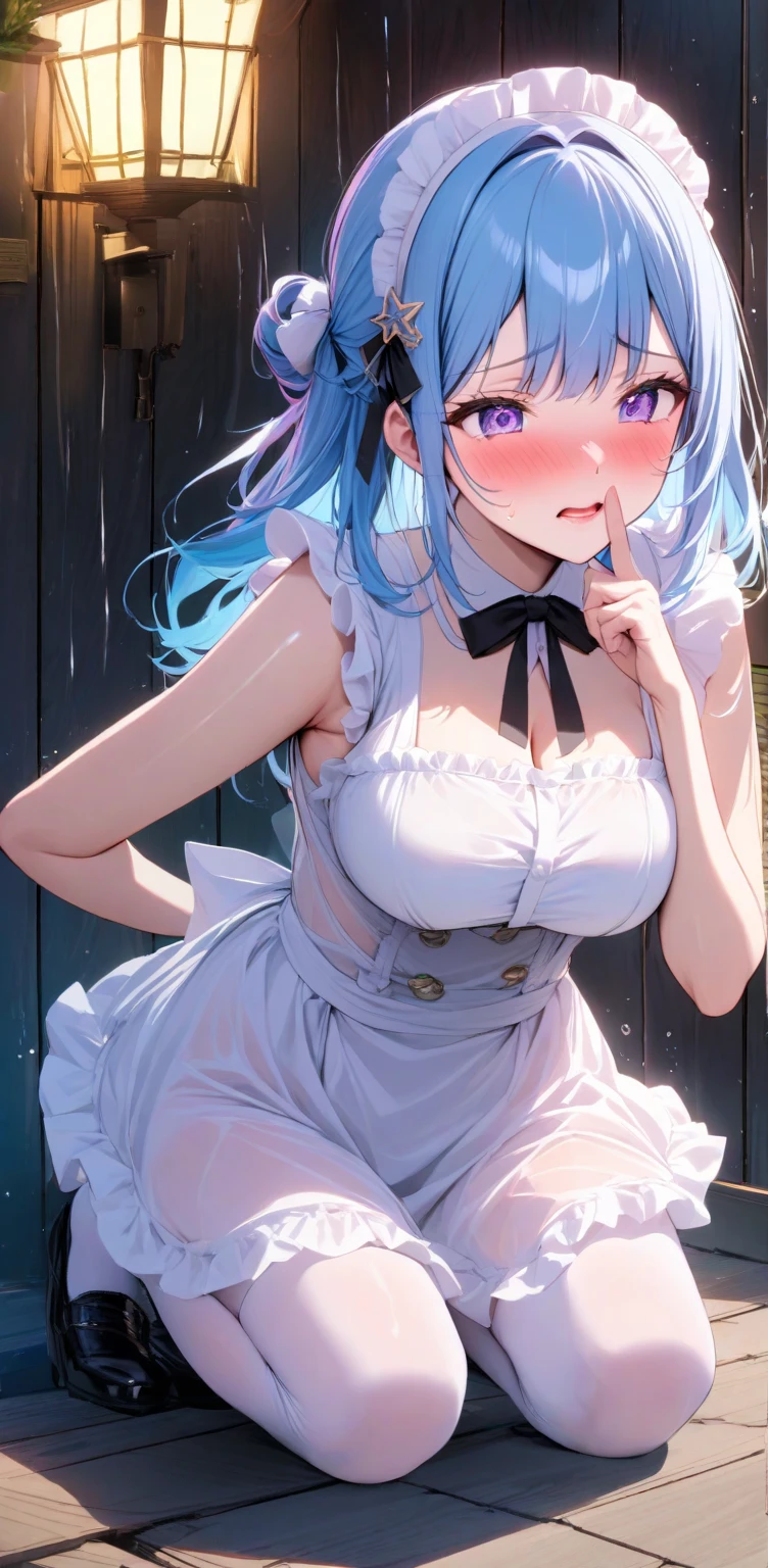 ((masutepiece)), ((Best Quality)), ((8K)), High resolution, 1girl in, Cat ears, pale skin, Large breasts, aqua eyes, Naughty face, frilled panties, see through shirts, bustier, pantyshot, Water, Girly running