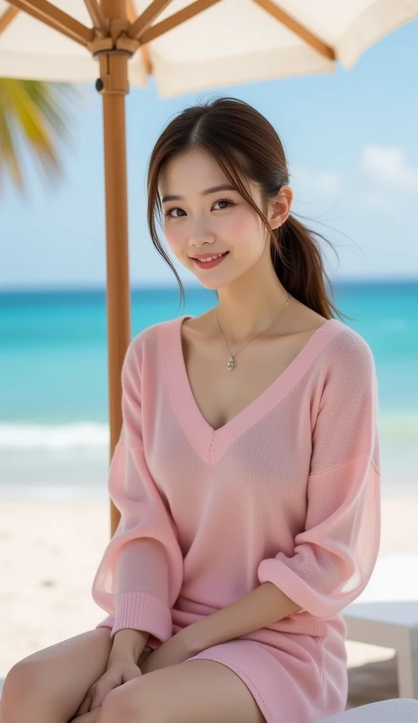 Solo Detailed and realistic portrait of a beautiful young Asian woman. She has long light brown hair and big light brown eyes. ((Medium chest, Tomboyish, Small head)), Sunlight, Sunshine, (Chief Abs: 1.1), (Perfect Body: 1.1), Auburn Hair, Necklace, Full Body Shot, Best Quality, One beautiful woman, Long hair, Brown hair, Eating pink shaved ice at beach shack. Cold and delicious face, Big smile, Sitting
