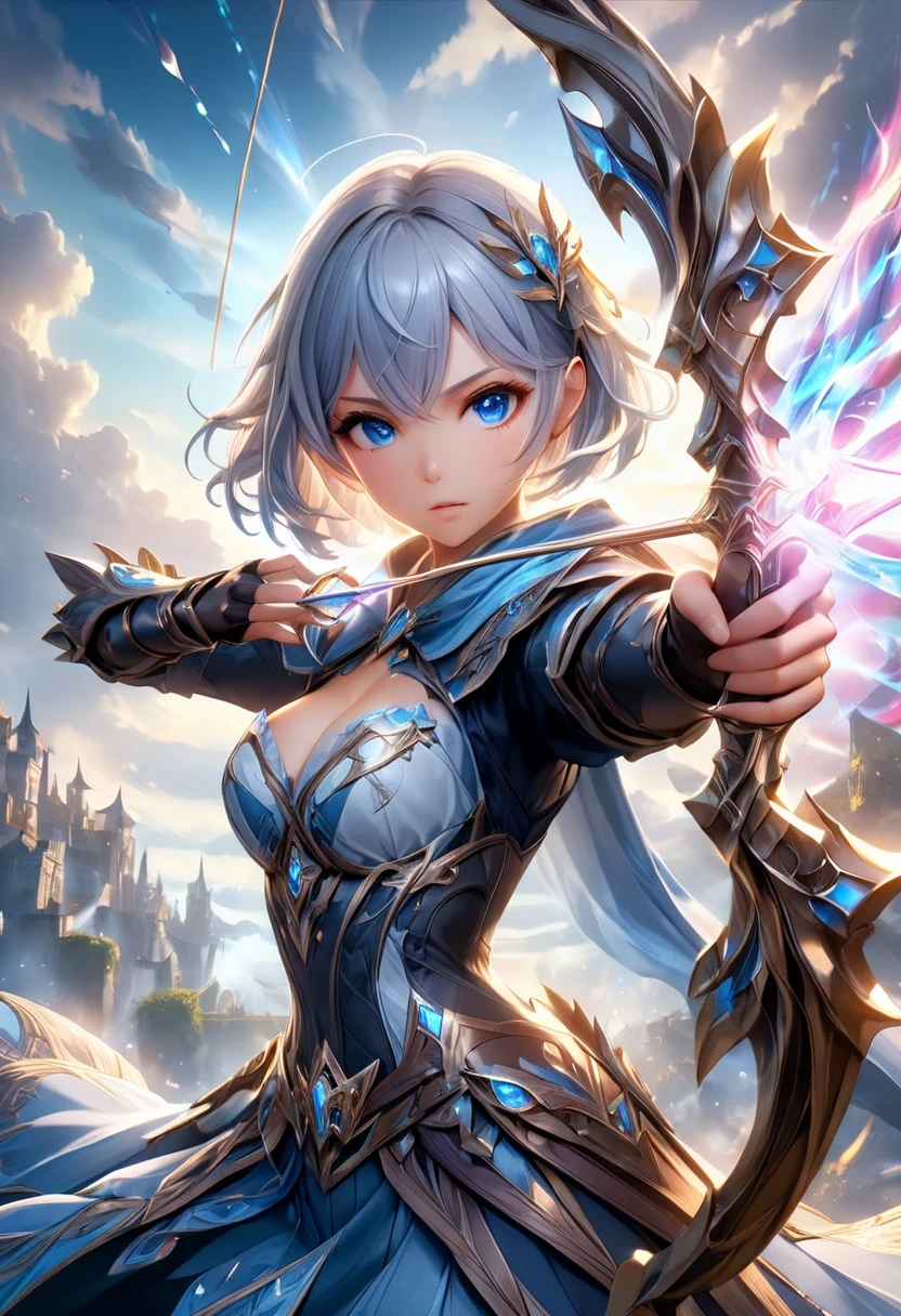 A female knight recognized by the legendary holy sword Excalibur、With the protection of the spirit of light, it emits an aura of light.、8k.Half Russian and half Japanese、Russian face、beautiful girl、A princess with the title of Dragon Slayer、、Small face、Young face、Big eyes、Skinny、Small breasts、(((Silver Hair、Silver Hair)))、With bangs、(((High resolution big beautiful light blue glowing eyes, )))、Shortcuts、Bobcut、(((Red ribbon in hair、Floral decoration)))、Partially braided、Transforms into an armored knight at the call of the holy sword Excalibur.、Large sword、A holy sword that emits a pale blue light、((god々He holds up his sword, shining a deep blue, to the sky.))、god々A sword that shines brilliantly、Magic Sword Light Shield、Armor of Light、fantasy landscape、Fantasy、(Battle with the Dark Knight、Fighting the Demons、Fighting the beastmen)A dragon knight riding a flying dragon through the sky、The sword swings down, leaving a trail of light in its wake.