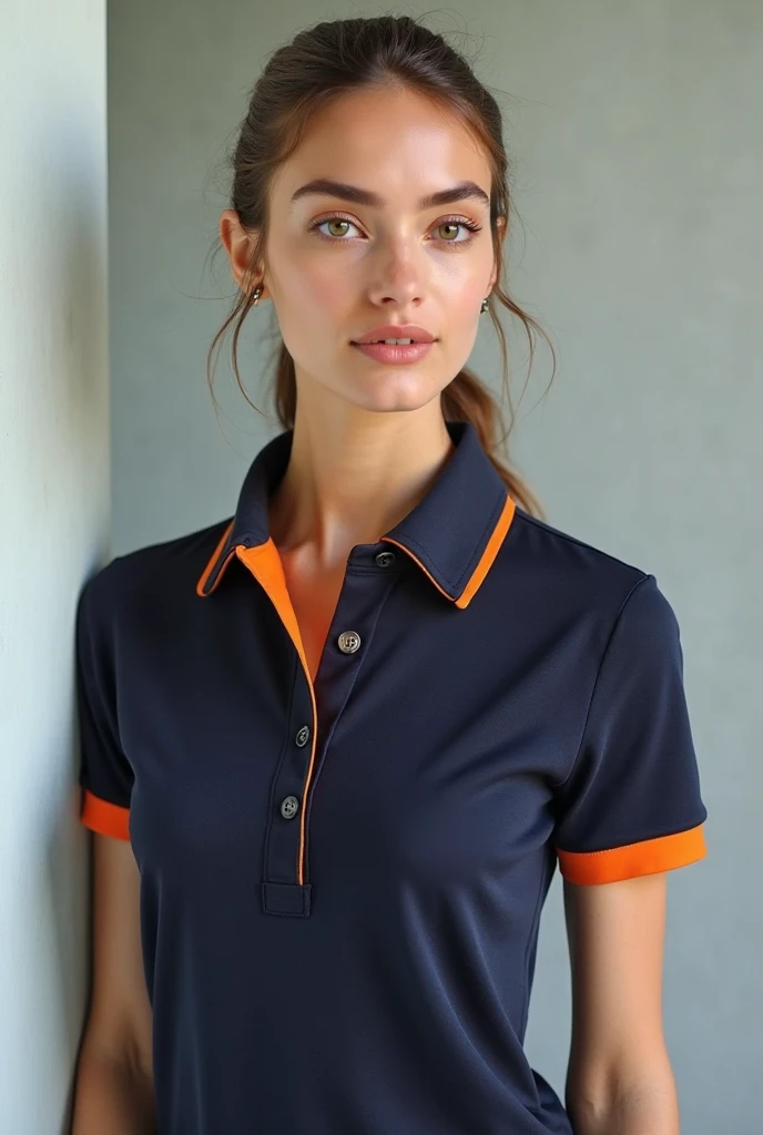 a woman in a gray shirt and jeans posing for a picture, wearing polo shirt, blackw, collar shirt, antracite, wearing a dark blue polo shirt, perfect  detail, manga curta, meia imagem, gray dark, detailed photo, detailed photo com zoom, gray shirt, Full-body close-up, shot close to the body, in a dark teal polo shirt
