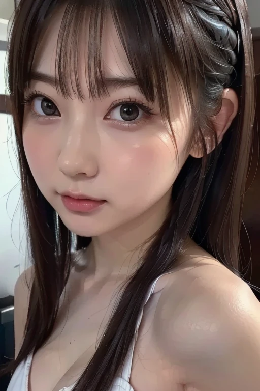 Large amounts on chest and tongue, and all over the body、brown hair、Photographed from the front、A with brown hair in twin tails, looking up.、solo、delicate face、long eyelashes、(brown eyes:1.3)、freckles on face、Tartan、music room、angle from above、Sweat、open your mouth wide、stick out tongue、crawl on all fours、
