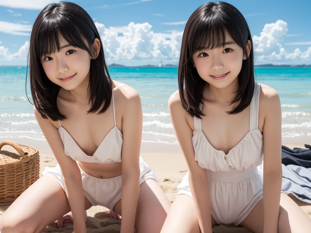 A picturesque 3D render of a sunny beach on a warm summer day, featuring two adorable anime girls in cute outfits. The first girl has short hair and is wearing a skimpy nightgown with hair clips, while the second girl has longer hair and is dressed in a two-piece outfit. Both of them are enjoying the beach, with one holding a sign that reads "VICTORIA VR." The sun casts a warm, white light over the scene, creating a sense of serenity and happiness. Waves gently lap the shore, and the air is filled with the scent of saltwater and coconut sunscreen. The beach's beauty and tranquility provide a perfect escape from the stress and worries of everyday life., anime, 3d render, photo