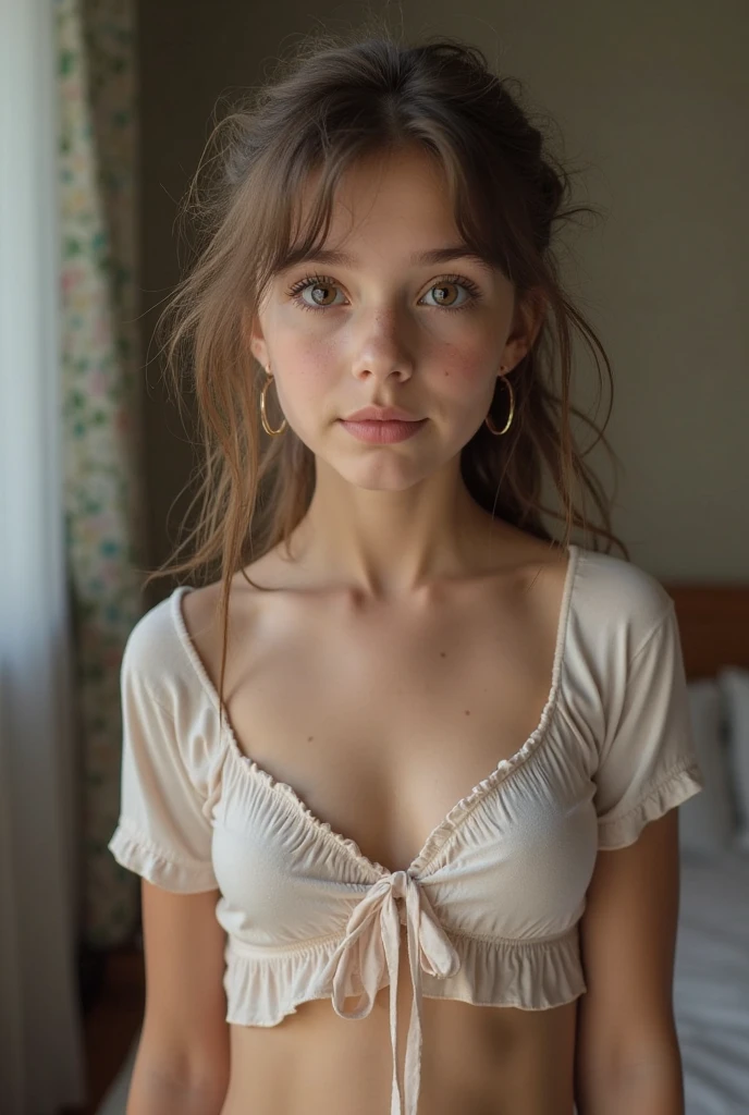 cute 12 year old girl, cum on face, slim figure, revealing outfit, cute clothes, skimpy clothes, photo taken from above, detailed face, pretty eyes, long eyelashes, cute expression, cozy living room, photorealistic, 4k, high quality,open bathrobe, showing nipples, holding robes open showing naked body