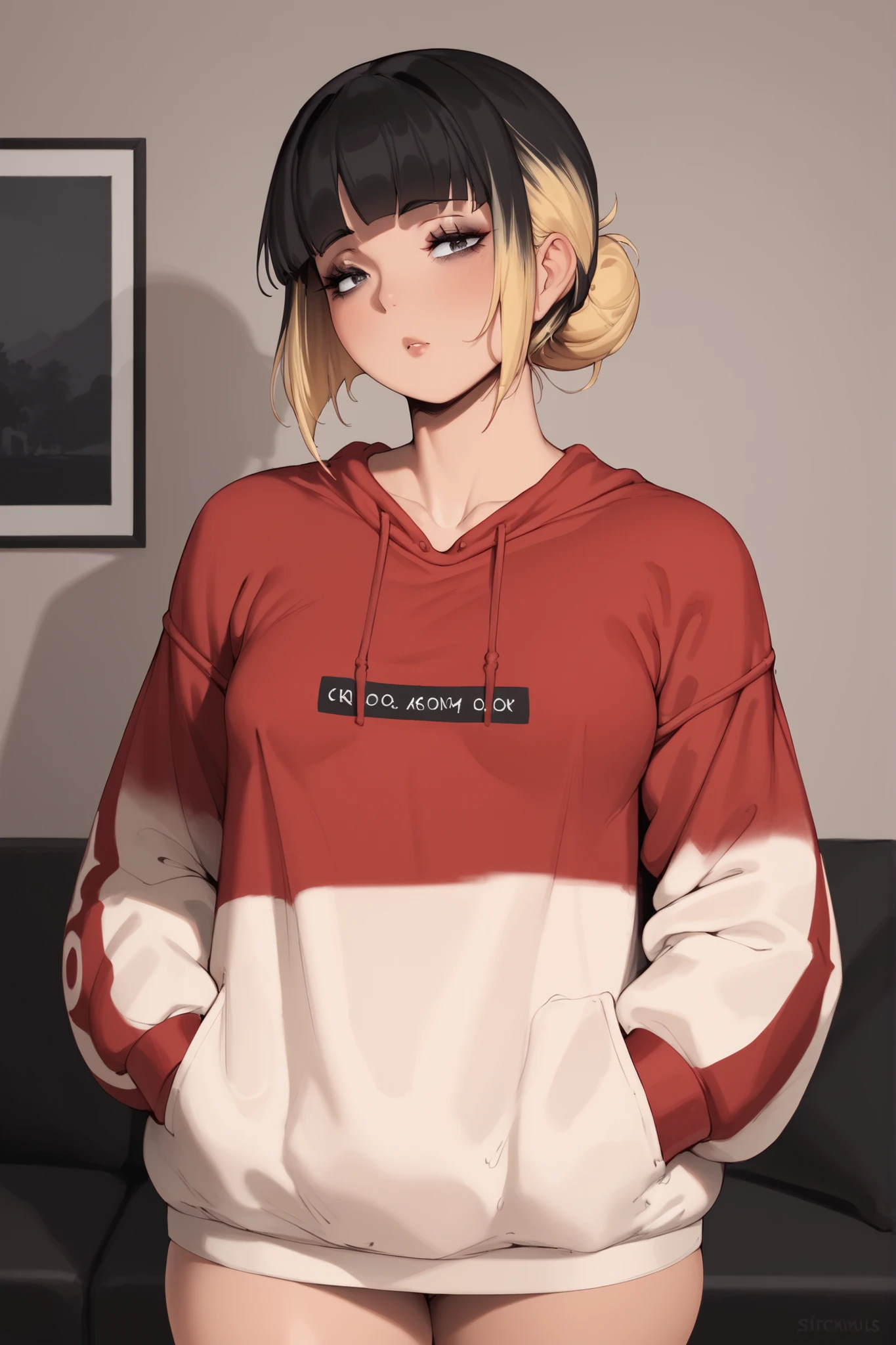 1 girl, long black hair, blonde highlights, low bun, parted fringe, black iris, dark circles under eyes, voluptuous, small breasts, red loose sweatshirt, hands in pockets, living room