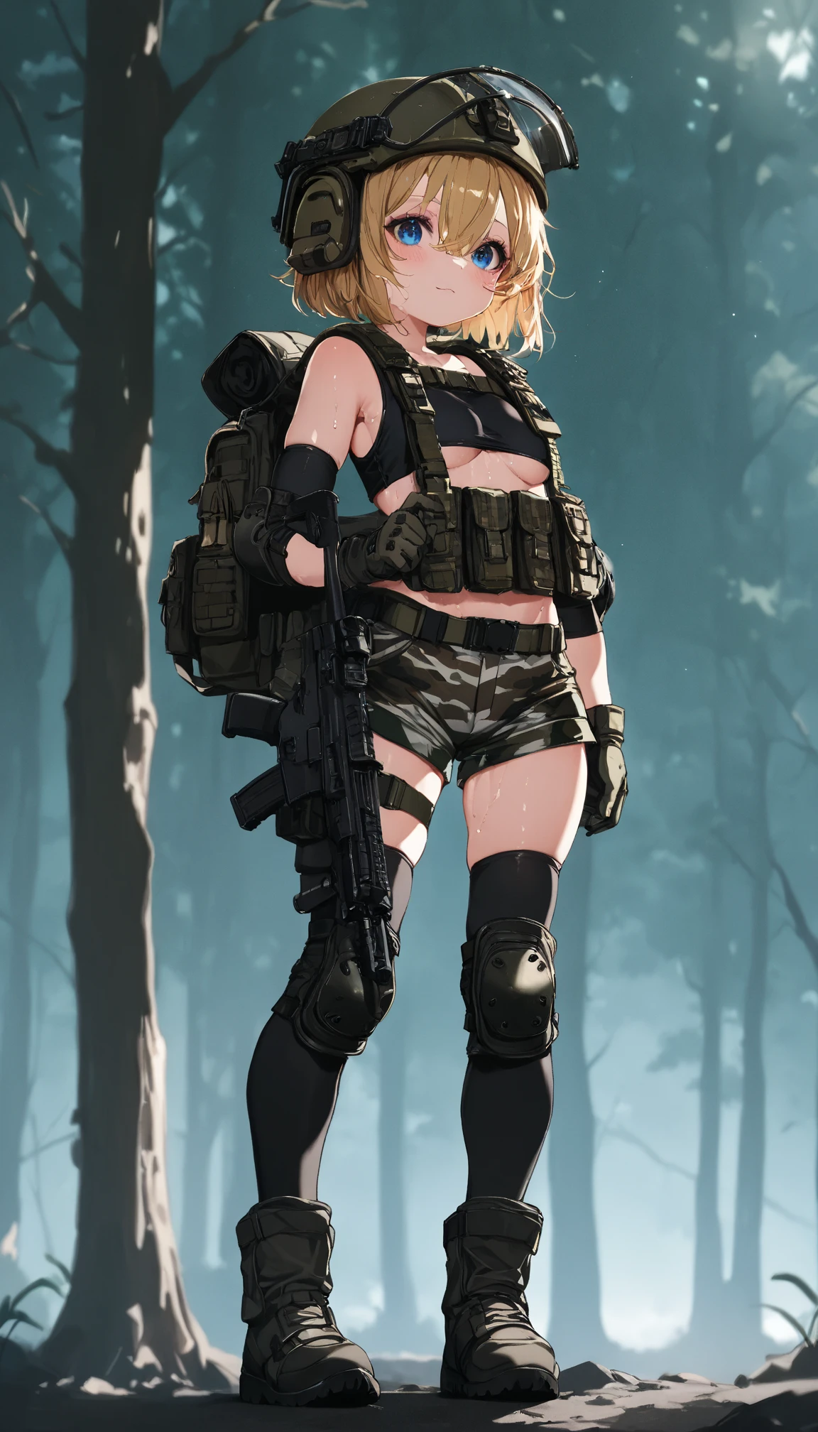    top quality 、 masterpiece、  exists ,    face 、blushes、smiles、  very young girl  、 cute girl who spilled to one side、(  camo print shorts ),  blondes, bob hair、hair between eyes、Blue Eyes Tactical Gloves、Tactical Vest、Shoulder armor、Elbow Armor Pads、Knee Armor Pads、OVERKNEE HIGH SOCKS、 military boots  ,  TACTICAL HELMET 、backpack、(  Camo Sleeveless Tight Tops , Made of PVC),   forest、Illuminated by lighting、I have an assault rifle in my hand、full body、 petite and slender body、B-cup chest、underboob, I'm sweaty、