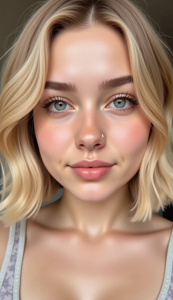 a close up of a woman with blonde girl of 24 years old, with very short hair, blonde wispy hair, light yellow hair, with blonde hair, brightly blonde hair, freckles, pronounced cheekbones, full lips, very busty breasts