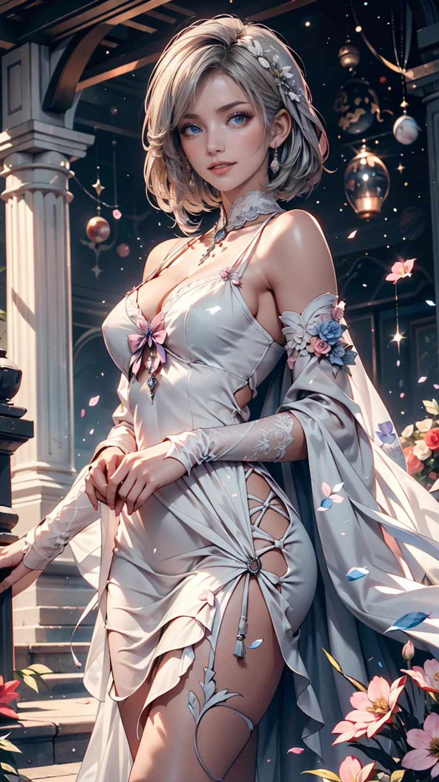 realistic, 1girl, white hair, purple eyes, glowing eyes, naked, parted lips, blush, night, flowers, sun, sunlight,