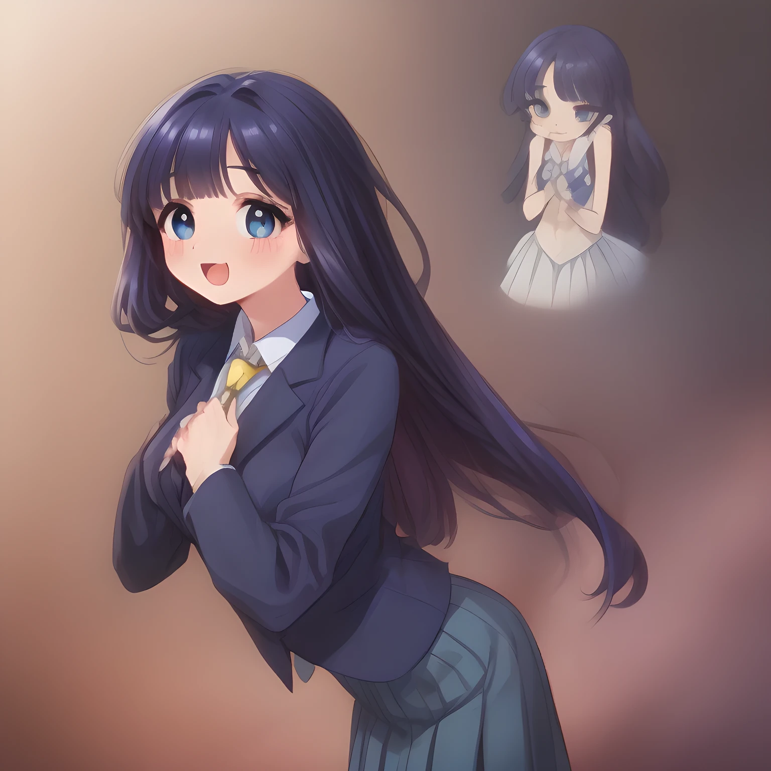 (highest quality, masterpiece:1.2), highest quality, High resolution, 1080p, 8K, (A beautiful noble girl (intelligent and perfectly balanced slender style like goddess of beauty), neat & clean, lovely strong charm, cutely tilted head, fluttering: 2), (Too noble beautiful like a love-story comic heroine), ((neat innocent ears)), ((white smart face)): 1.2), (Too beautiful fascinating shiny (double-lidded) (thin blue eyes), ((deep upper girly eyelid)), ((huge eye pupils)), laughing with detailed clearly: 1.5), ((amazingly beautiful bobbed neat dark blue hair : 1.5)), (slender, small face: 1.5), (dark blue blazer, evil golden emblem, pleats skirt, with ribbon tie: 1.5), (classic schools entrance background: 1.2)