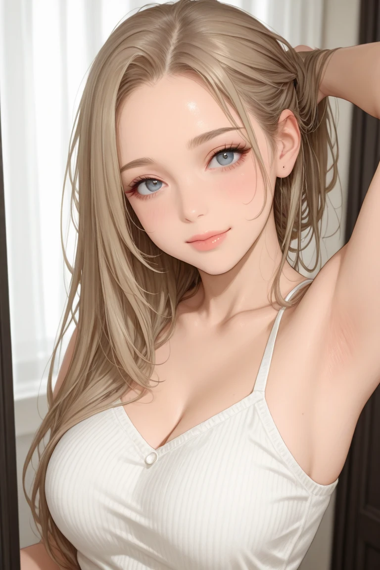 (Mastepiece:1.3), It is high resolution., Super detailed, Highly Detailed CG Unity 8k Wallpaper, Realism, photo-Realism, Raw photo, Beautiful detailed face, Light skin, Realism glistening skin, Detailed cloth texture, Detailed hair texture, Perfect Body, Beautiful face, correct, Anatomically correct, Highly detailed face and skin texture, Natural neck length, (Beautiful hands and airy skin:1.2), Slim legs, Slim legs, BREAK, Detailed eyes, Symmetrical eyes, Light brown eyes, Double eyelids, Thin eyebrows, (Glossy lips:1.4), ((Smiling Kindly, Waiting for a kiss:1.2)), (blush:1.1), BREAK, (Classy and cute girl:1.3), Large Breasts, (Slender figure:1.1), Strong abdominal muscles, Beautiful clavicle, (Blonde Hair, Wavy Hair, Long Hair:1.2), ((Asymmetrical bangs:1.2)), BREAK, ((stand in the reception area, A posture of leaning forward:1.1)),Looking at the Viewer