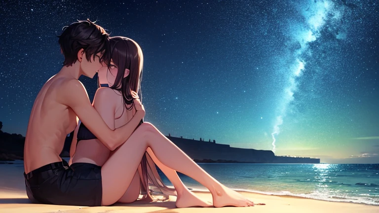 Kissing scene, man and woman, on the beach, at night