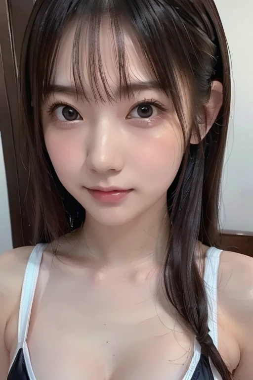 ((highest quality、(NSFW、((Super realistic beautiful face))、highest quality、masterpiece、ultra high resolution、8K、highest quality、Drawn details)、(I photographed the whole body)、(tilt one side'head of)、17-year-old high school girl、Very slim and beautiful style、Navy blue blazer uniform、Full body nudity、Showing off super realistic beautiful breasts、Depiction of nipples、Lower body full nude、ribbon tie、Beautiful girl with black hair、Straight long hair with black hair、strong wind blowing、fluttering hair、Show ears、、Scenery behind the school building、Wind behind the school gymnasium、