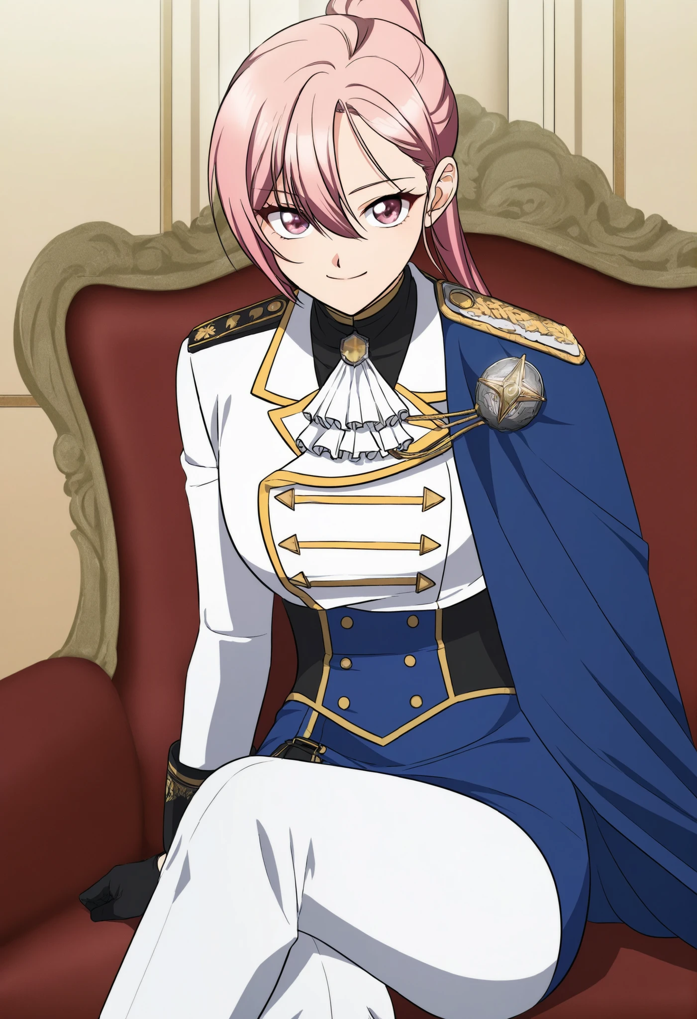 score_9,score_8_up,score_7_up,source anime,anime screencap,anime coloring,masterpiece,best quality,masterpiece,best quality,Regina rena, 1girl, solo , pink hair, ponytail,wearing a stylish military-inspired ,, white pants , blue skirt, Jacket , blue Cape ,white military-style jacket with gold accents, including decorative buttons and trim, Gloves , sitting, cross legs,smile, closed mouth, elegant pose badass, shinny eyes, looking towards viewer