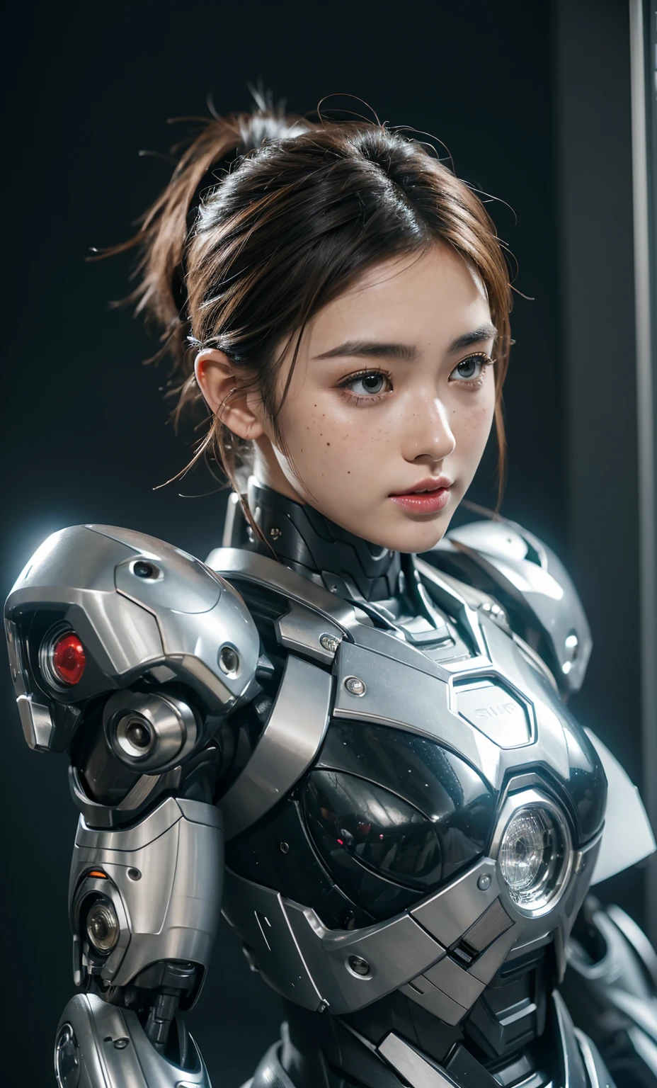 Close-up of a woman in a suit with a strange hairstyle, porcelain robot, complex mechanical body, porcelain robot armor, beautiful robot character design, Cyborg - Girl, superhuman complex, Cyborg girl, Portrait of a cyborg queen, human-like details, complex body, human woman, Complex wlop, photo realistic, cinematic, movie still, captured in the style of Sony Alpha A7 III camera