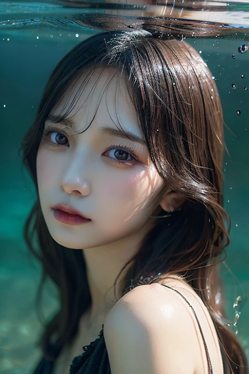 A beautiful Japanese girl is shown underwater surrounded by bubbles.。She floats near the surface、Face and body half submerged in water。High transparency of water、The light refracts in the water and creates beautiful patterns on her skin.。
Her hair is wet and、It spreads softly around the face。Air bubbles float on the hair and water surface.、It creates a very fantastic atmosphere.。Her eyes are big、She has a calm expression as if she is looking into the distance.。The light reflected in your eyes、It brings life to her eyes。
Her skin is smooth and has a healthy glow.、The light reflects off the water, creating a fantastic glow.。Her lips are pale pink、Gives a natural beauty。She is wearing a white lace bustier、The delicate design perfectly matches her soft personality.。
The blue of the water in the background and the bubbles blend in well.、Creates a beautiful color contrast。Bubbles and air bubbles in the water、The way she is surrounded by colours is very beautiful.。The effects of light and shadow created by the reflection and refraction of light、It gives movement and depth to this image.。
as a whole、This image is美少女の幻想的で夢のような美しさを見事に捉えています。Her soft expression and bubbles、Underwater light and shadow become one、It creates a very charming and poetic scene.。This image is、This piece gives the viewer a sense of serenity and beauty.。