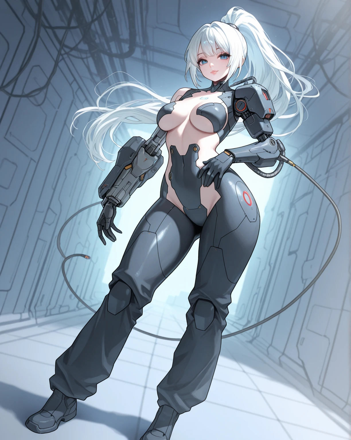 (((witchblade))), ((best qualityer)), (((clothes 100% silver))), (((slim))), (Muscles), (((silver suit))), ((Perfect masterpiece)), (detailded: 1.4), (absurdrez), (((long straight hair with modern cut))), (((full body fitness, neckline showing part of the breasts)), (((woman with long cropped hair, blushful))), 21 year old woman, beautiful sexy woman, giant robot pilot, wild with perfect corpo fitness, wearing small battle clothes, tiny thong, Hajime Sorayama style for a science fiction book cover, Metallic clothing, stainless steel, polished metal shine, futuristic pattern, Silver, extremely sexy