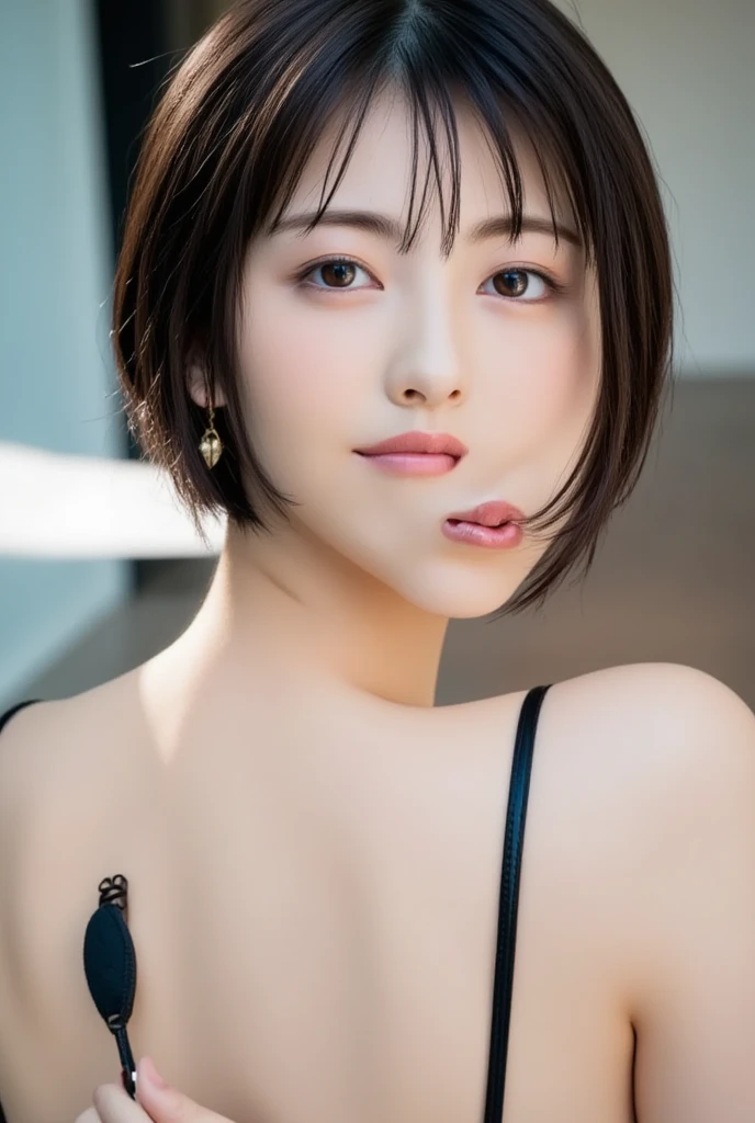 ((Highest quality, 8k, realistic photographic expression、masterpiece: 1.3))、((Slender body:1.4))、(((Beautiful middle-aged woman、50 year old Japanese matomically correct face、charisma)))、(Slim and toned waist:1.3),(((Very large sagging breasts)))、((A lot of brown hair、Perfectly styled short hair))、(())、((Satin lingerie with lace))、Perfect Makeup、((A refreshing smile:1.2))、Thin legs, Small face with pointed chin、Rough skin、Long droopy eyes、(Wrinkles around the eyes:1.4)、necklace, (Professional cool lighting:1.3)、(Upper body shot:1.2)、cool and simple dark wall background、