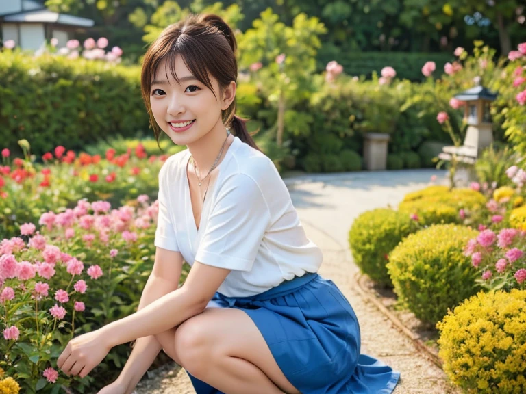(Highest quality: 1.5), (Realistic: 1.5), (1 person: 1.5), Very detailed, High resolution, 8K,Natural color lips, Cute Smile, Japanese women, 20-year-old girl, Beautiful and elegant features, Perfect and beautiful face, Balanced big eyes, Beautiful and elegant features, Natural double eyelids, Natural Bangs, Beautiful thin nose, Beautiful Skin, Medium Bob Hair , Natural Bangs , Perfect and beautiful face, Slim face and figure, (Looking at the camera with a sweet smile), Bright lighting, Professional Lighting, Forward lighting, Beautiful feet: 1.2, Smooth Skin, Slender body, Slim waistline, slim thin thighs, Cleavage, Detailed clothing, (Short sleeve dress shirt:1.5), (Pleated skirt:1.5), Checkered Pleated Micro Mini Skirt, Short sleeve dress shirt, Ultra HD, Realistic,, Frolic with cats, Playing with cats,Holding a cat, Holding a cat,Pick up the cat, garden,squat