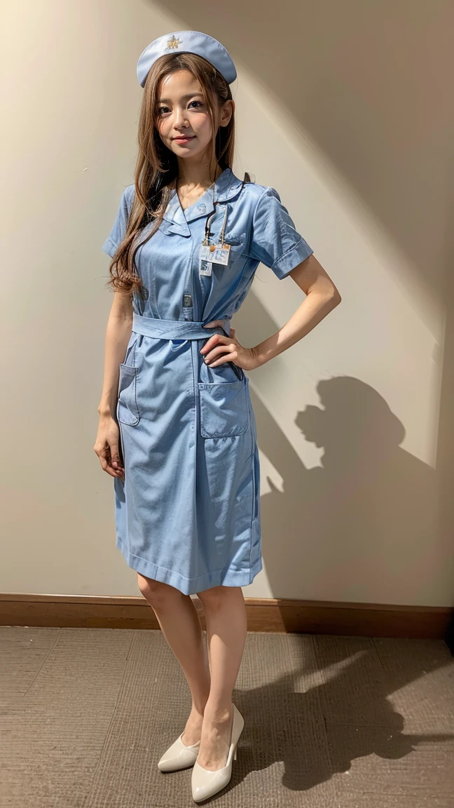 masterpiece, best quality, 16K, hospital, operating room, old woman, interior photo, glad, smiling, standing, front view, long hair, ponytail, black hair, eyes open, (large breasts:1.32), (wrinkles corners eyes:1.32), (nasolabial:1.32), (old skin:1.32), freckled skin, wrinkles skin, pale skin, (old muscles:1.2), plump, {(nurse), (breast pocket), (collared dress), (short dress:1.48), (short sleeves), (thighs), (white dress), (white headwear), (white sandals), (stethoscope)}, beauty mark, 55-year-old, old, elderly, japanese, inside, in the hospital, with a operating table, in the afternoon, real person, ultra realistic photo, nsfw, full body shot, from front, front view