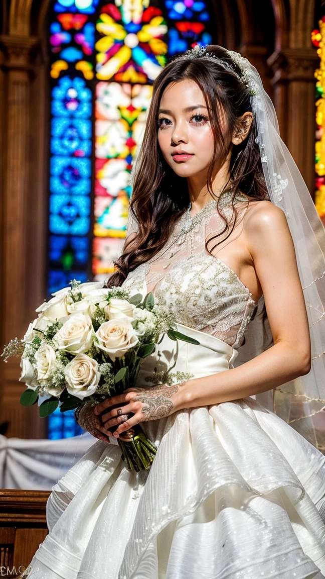 best quality, masterpiece, 1 girl, 5 fingers, long hair, huge laugh, cute teen, shiny lips, sweet, sun glare, Conservative attire, white gloves, bouquet, wedding dress, bridal tiara, depth of field, blurred background, Cathedral Background, light particles, strong wind, head tilt