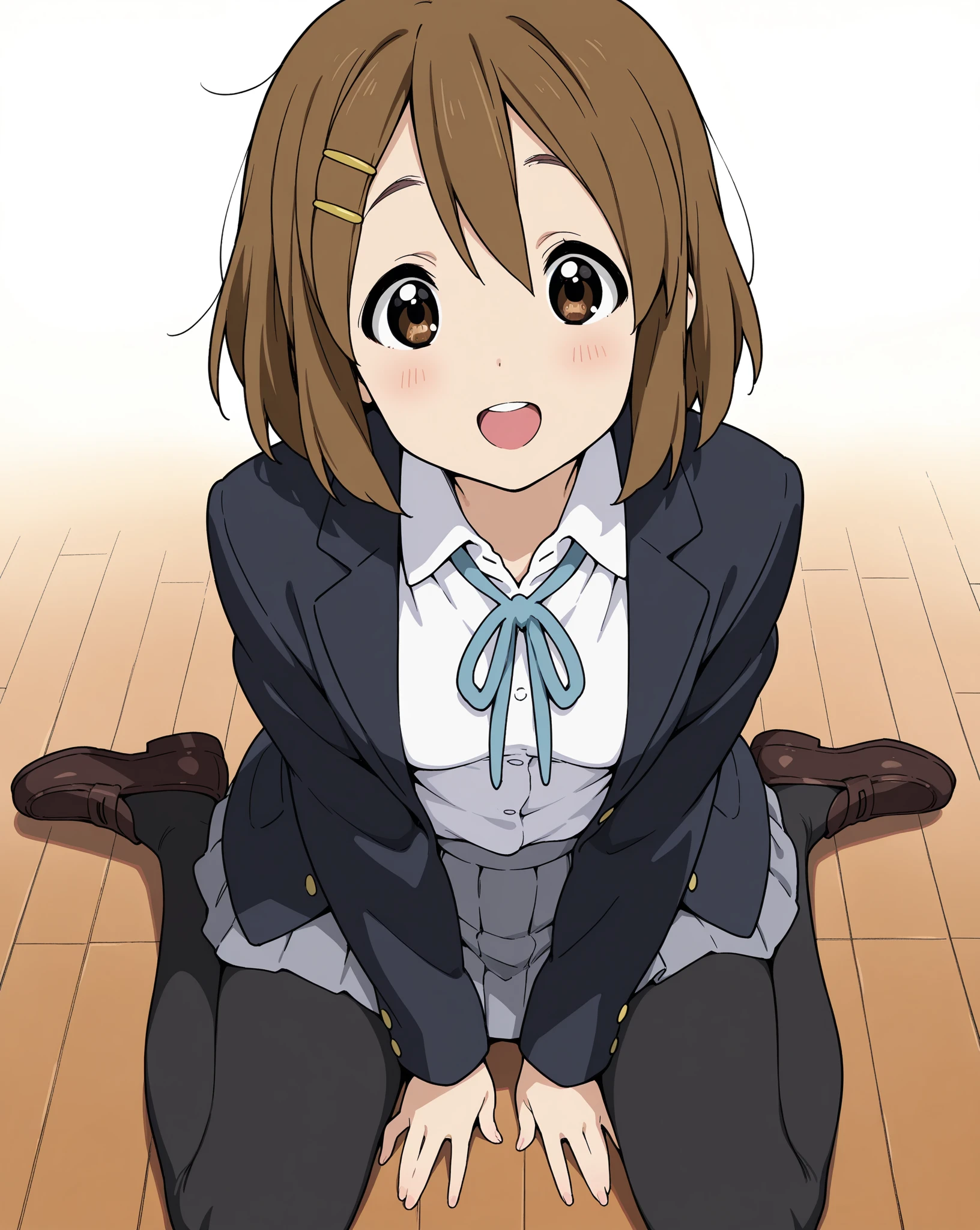 on back, Sitting, wood chair , Overhead Shot, looking up, contrapposto, dynamic pose, cinematic lighting, nighttime , Cattle farm, daytime , 
1girl, Uraraka Ochako, thick_eyebrows blush_stickers, brown_hair, brown_eyes, short_hair, sideburns, shiny hair, medium breasts, skindentation +++ v-shaped_eyebrows, :o , , clear iridescence gingham check collared shirt aqua checked skirt, drawers  pantyhose full brogue, extremely quality extremely detailed, illustration, cute anime face, spread legs, upskirt 