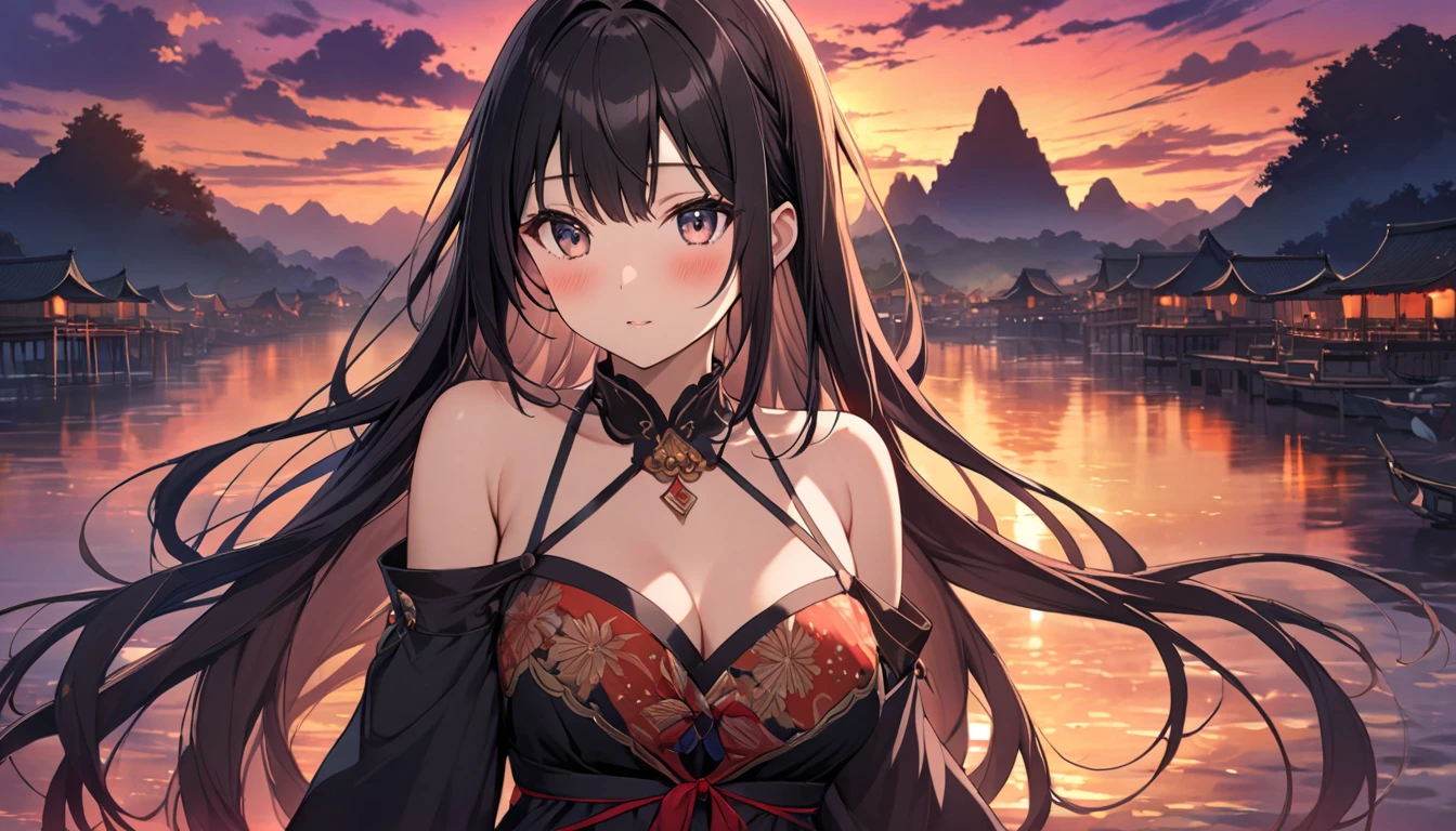 1 female、whole body、lower angle、Long black hair,Big Breasts、Long Hair、Well-groomed face、Black Lips、blue eyes、Blue clothes、valley、slim、mini skirt、cherry blossoms、cherry blossoms吹雪、petal、Kyoto、old buildings、night、full moon、masterpiece、Ultra-high resolution、delicate、Perfect lighting、sunlight、16K