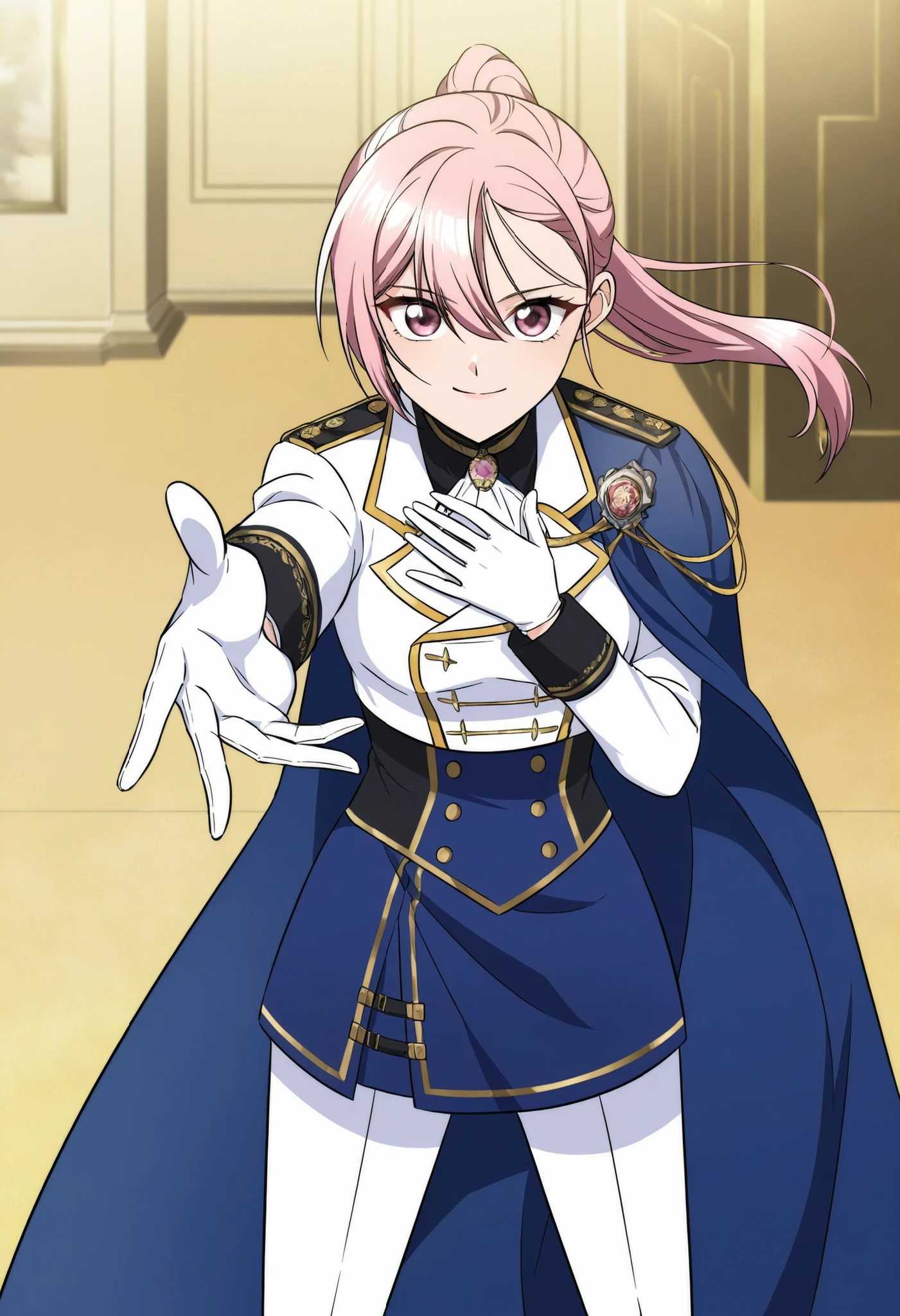 score_9,score_8_up,score_7_up,source anime,anime screencap,anime coloring,masterpiece,best quality,masterpiece,best quality,Regina rena, 1girl, solo , pink hair, ponytail,wearing a stylish military-inspired ,, white pants , blue skirt, Jacket , blue Cape ,white military-style jacket with gold accents, including decorative buttons and trim, Gloves , standing, one hand on chest ,smile, closed mouth, elegant pose badass, shinny eyes, reaching towards viewer , close-up