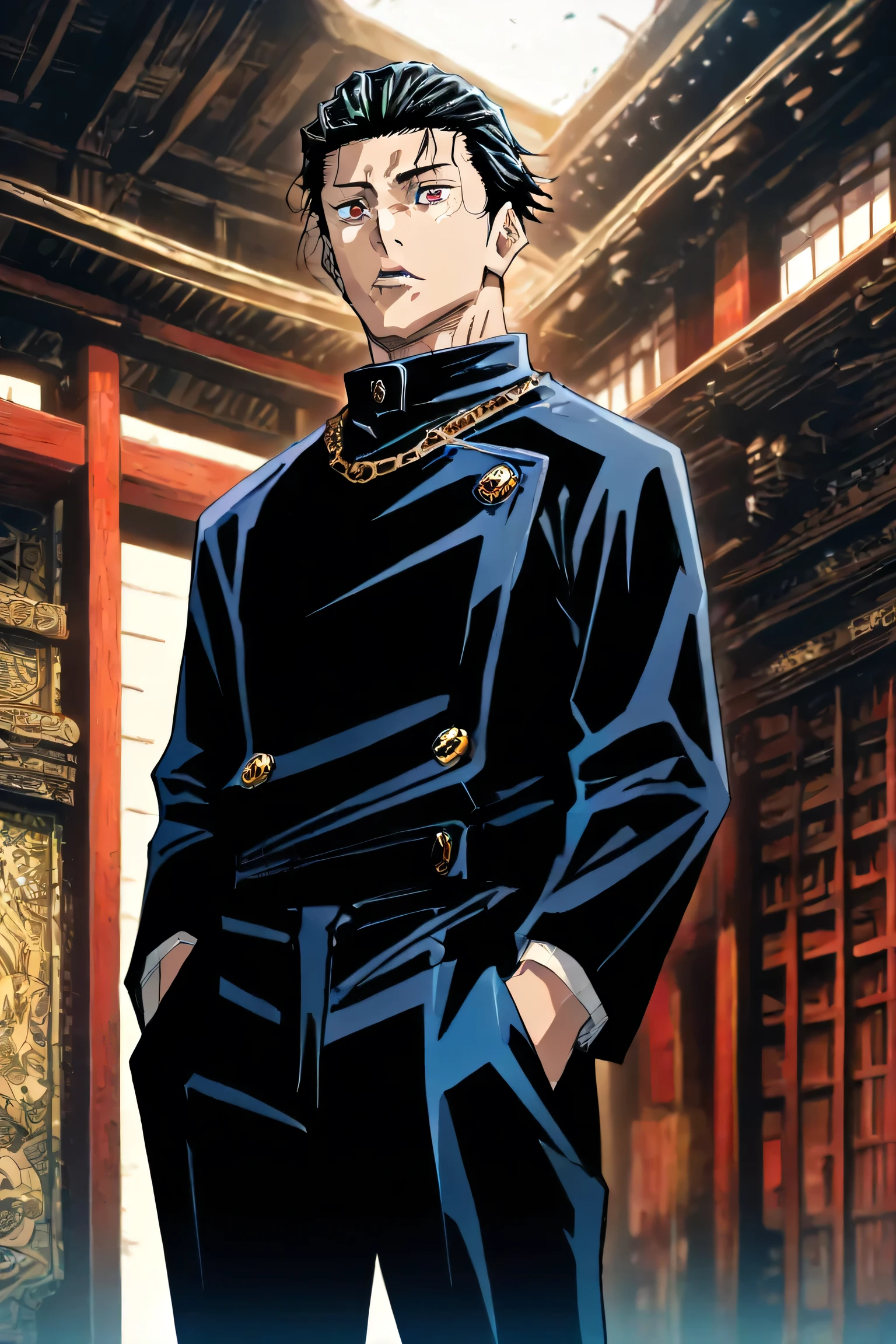 (masterpiece, best quality, highly detailed, ultra-detailed, cinematic lighting),
(Anime style, Jujutsu Kaisen style), dynamic shading, intricate details, depth of field,
young man, medium-length black hair slicked back, fair skin, deep ruby-red eyes, straight nose, thin lips, slender physique, upright posture, hands in pockets,
wearing a black Jujutsu High School uniform, open black jacket, black pants, black T-shirt underneath, thin gold chain necklace,
(background: Jujutsu High School, detailed architecture, traditional Japanese school aesthetic),
(frontal angle, dramatic perspective), atmospheric lighting, soft shadows, anime cinematic shot.