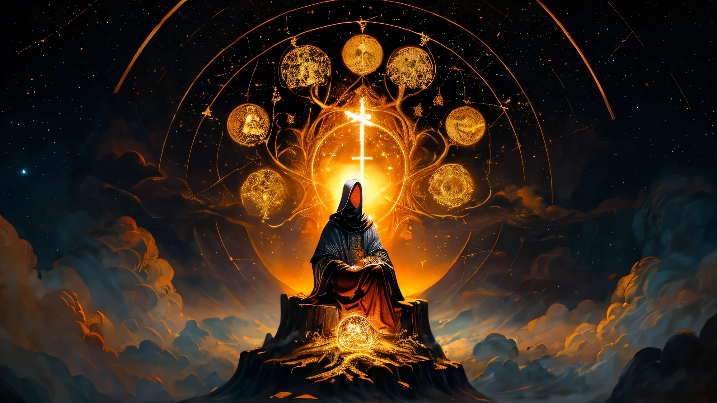 A Renaissance oil painting of a mysterious celestial being with a glowing veil over the face, seated beneath an ancient tree of life, surrounded by floating golden runes and celestial constellations, holy light descending from above, spiritual tone, high realism, rich shadows, oil on canvas texture, 16:9, ultra quality, hyper detailed, cinematic style