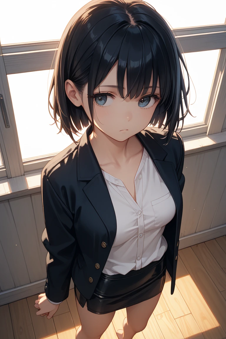 absurdres, RAW photo, extremely delicate and beautiful, masterpiece, Best Quality, ultra high resolution, 32k, hyperrealistic, ultra-detailed, in her 20s, delicate facial features, tearful mole, earring, medium breasts, full body shot, shorter middle hair, black hair, school_uniform, blazer,