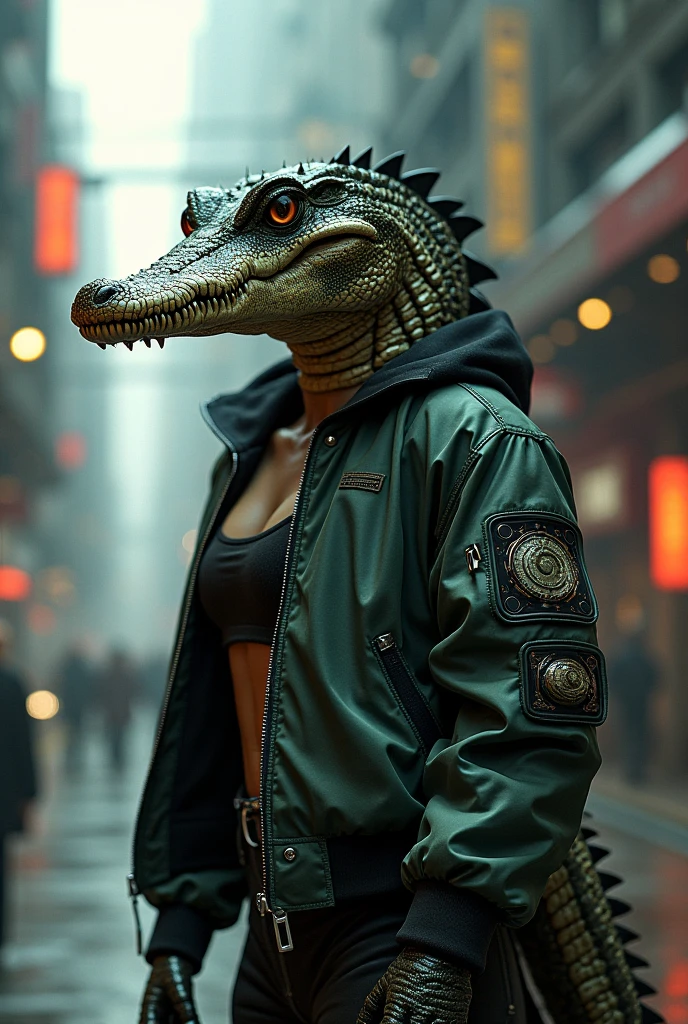 argonian, female, solo, markings, clothed, wearing leather jacket, jeans, paws, topwear, bottomwear, tokyo, street, akihabara, neon lights
BREAK,
by tojo the thief, by narse, by honovy, (intricate, high detail, film photography, soft focus, RAW candid cinema,
photorealism, realistic, photorealistic, analog style, subsurface scattering, ((closeup))
masterpiece, best quality, ultra realistic, 8k) <lora:ArgonianFRL27nO:0.8>
