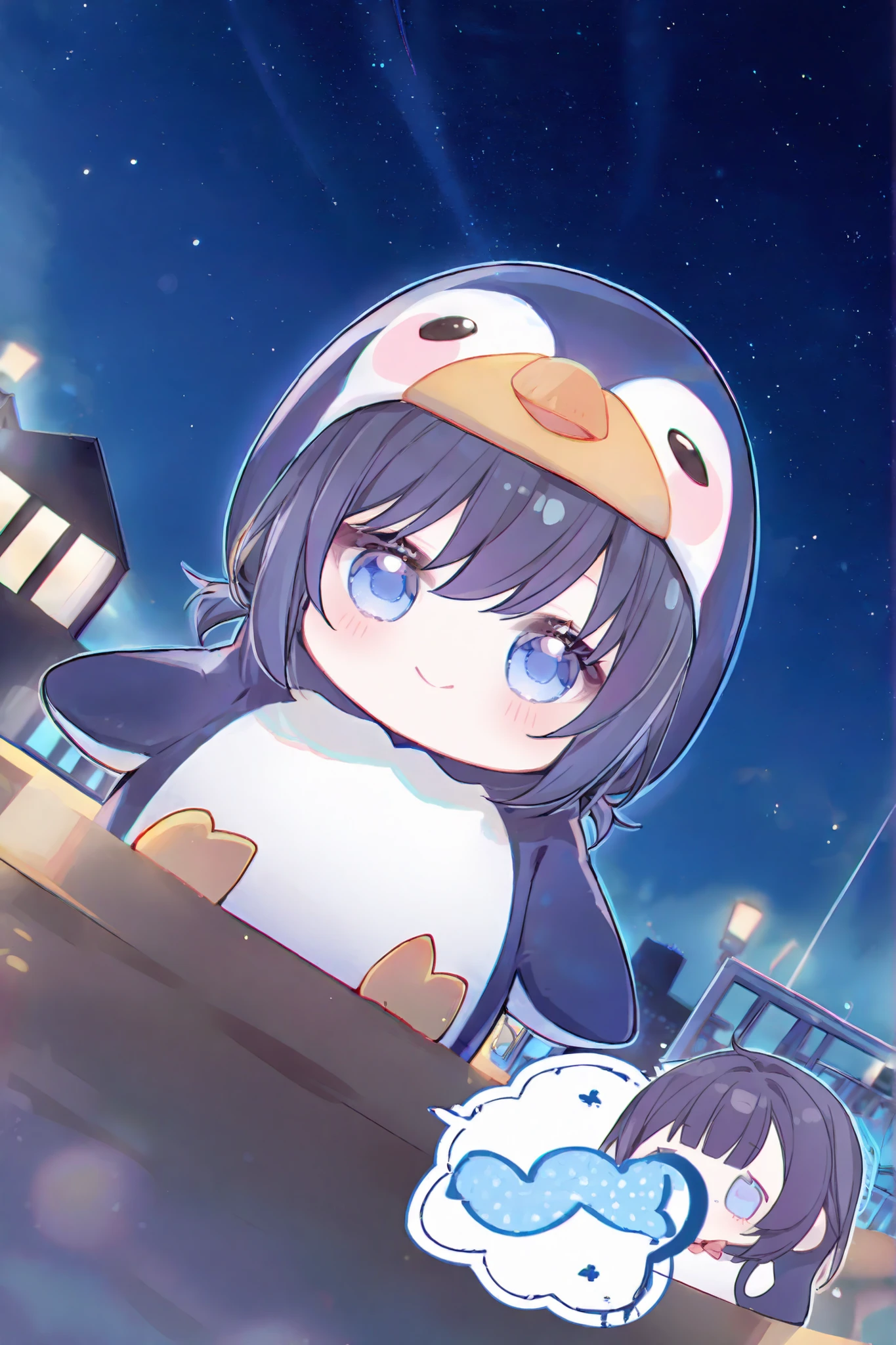 cartoon-style blue penguin costume、dark-haired girl、blue eyes、Manga style chibi character、Fun、Night Sky