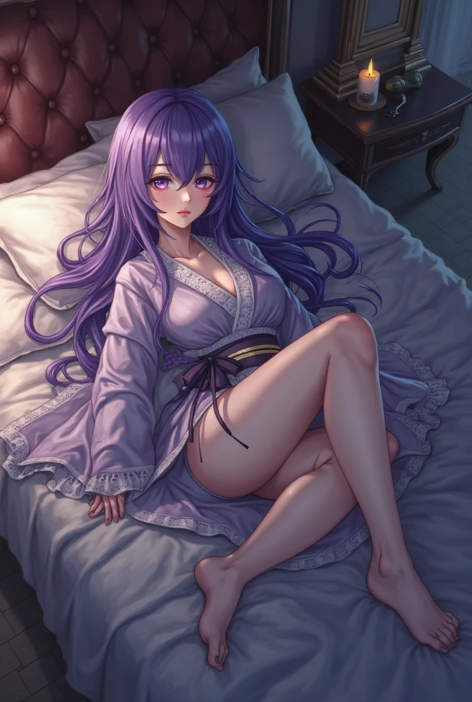 ((masterpiece,best quality)), absurdres, patchouli knowledge,solo,cowboy shot,,thigh,,bare legs,on bed