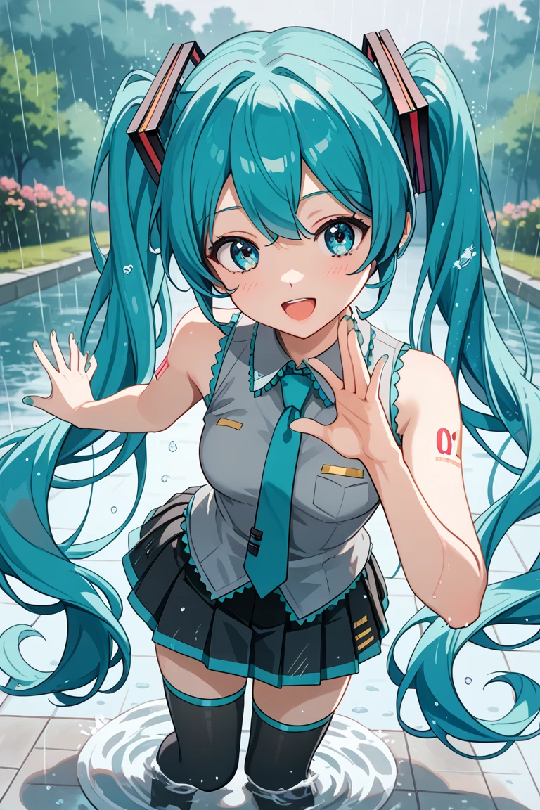 (8K、Top image quality、top-quality、masterpiece)、1 girl in、Twin-tailed、Hatsune Miku、light blue eyes、laugh、Moderately breasts、((Navy blue school swimsuit))、Into the water、cowboy shot、blue open sky、background a pool
