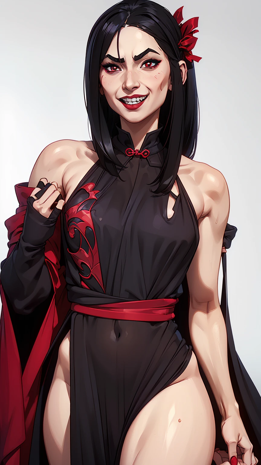 ((highest quality)), ((masterpiece)), (be familiar with),One female,Black Hair,Red eyes,Black Dress,Chest tattoo, Bewitching Smile,Heel,Black Hair,Hair tied around the neck,Red shawl,Erect nipples,(whole body),Slanted Eyes