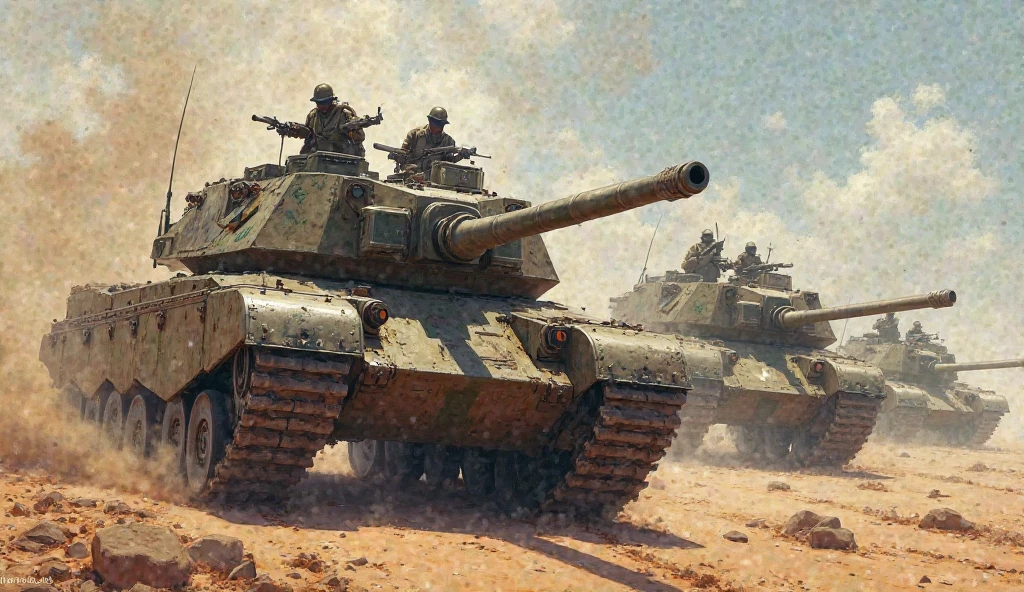 In the rugged terrain of the Korean Peninsula, a cntrntnk tank of the Royal Australian Armoured Corps supports infantry units during a key battle of the Korean War ((pulp_comic, heavy_lines, hand_drawn, hand_inked, hand_colored, perfect_face, apxlz))