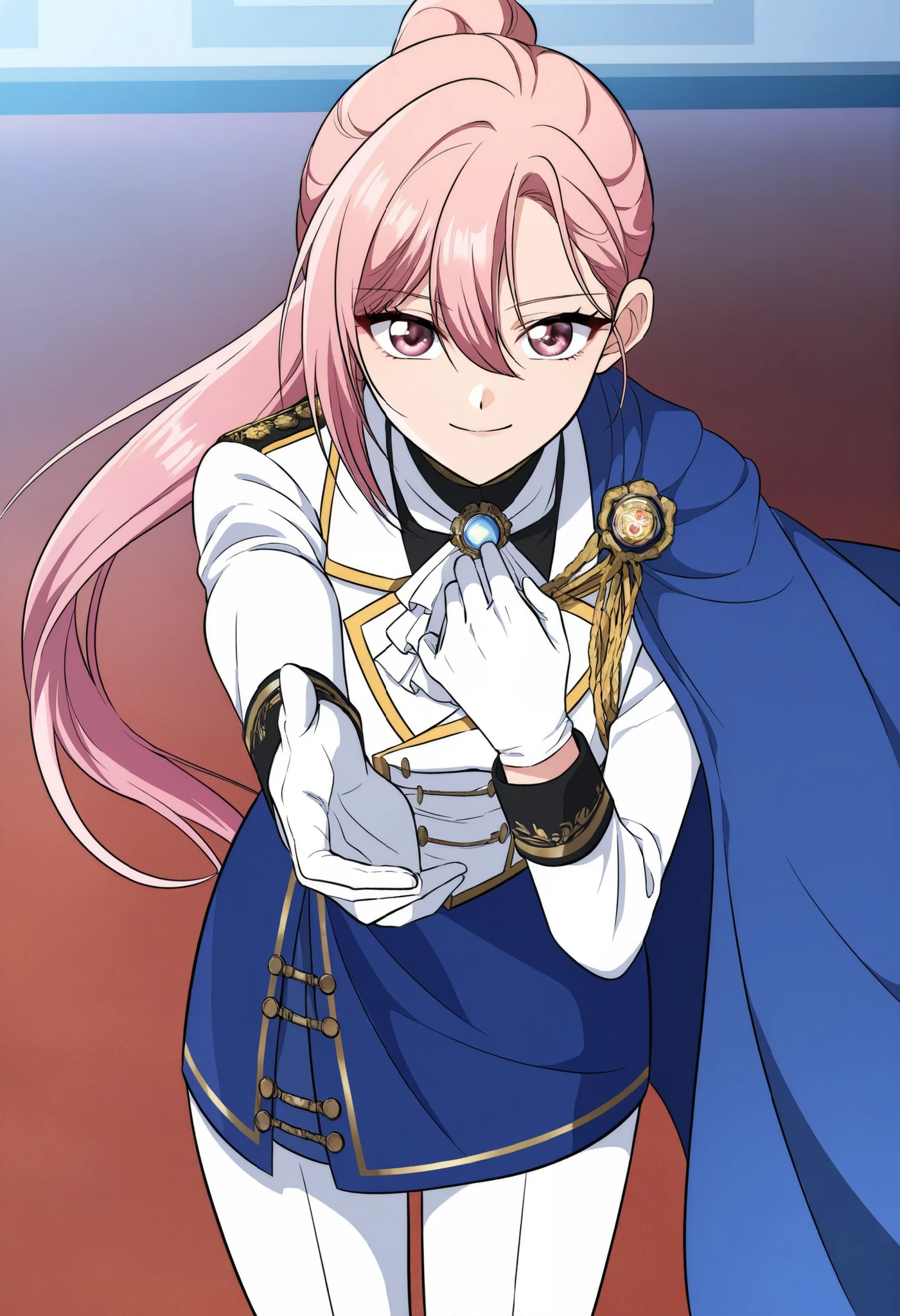 score_9,score_8_up,score_7_up,source anime,anime screencap,anime coloring,masterpiece,best quality,masterpiece,best quality,Regina rena, 1girl, solo , pink hair, ponytail,wearing a stylish military-inspired ,, white pants , blue skirt, Jacket , blue Cape ,white military-style jacket with gold accents, including decorative buttons and trim, Gloves , standing, one hand on chest ,smile, closed mouth, closed legs, royal elegant pose badass, shinny eyes, reaching towards viewer , soft thighs