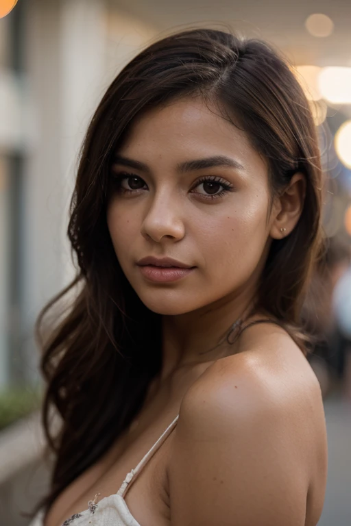 a 25-year-old Brazilian woman, morena de pelo rizado voluminoso, con ojos color miel, mirada sexy, poros detallados de la piel, piel grasa, piel bronceada, golpe de sol, detalles intrincados de los ojos, todo el cuerpo, pechos grandes, color brillante, vestido de fiesta, sonrisa dulce, (uso de estilo callejero: 1.2), cinematic light, high resolution, paseando por la noche de Paris