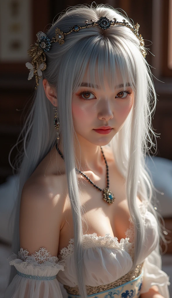 (((Ultra-Real)crafted, Masterpiece: 1.2) Vision, Multi-Scene, Masterpiece, Masterpiece, Perfect, Cute, Sexy, Erotic, Delicate, Details, Helicous, Subtle Changes, CG, Ultra-Real 8K), Masterpiece, (Perfect figure: 1.2), (Reality: 1.4), Girl 1, (Silver blonde hair: 1.2), (Silver long hair: 1.25), ((Flying long hair)), (Perfect and clean facial features), Shiny blue Eyes, (pink lips), ((big breasts)), shiny skin, ((pink and healthy skin)), cat ears, (mature beauty), tube top, ((smile)), (realistic rendering), (transparent) white lace bikini)), (temple, Taoist temple, Buddha statue, god statue, mural, lantern, shrine, obsessed with details, finely crafted, ultra-detailed, outdoor, archway, smoke, candlelight, candle, candle incense, fireworks , gold, silver, jewelry, gemstone, diamond, sapphire, ruby, emerald, pearl, amber, obsidian) ((upper body))), facing viewer, (looking at viewer), provocative pose, sexy pose, ((realistic rendering ) ),