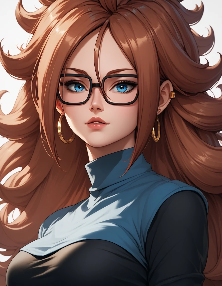 Android 21 from dragonball brown hair, long hair, curly hair, blue eyes, hoop earrings, wide hips, big ass, glasses, blue budysuit, sleeveless, unitard, Chinese clothing, blue sneakers, alone, corset, teasing, annoyed expression, bend knees, hands around hips, curvy, bubble butt, solo focus, sitting on rock, solo female,