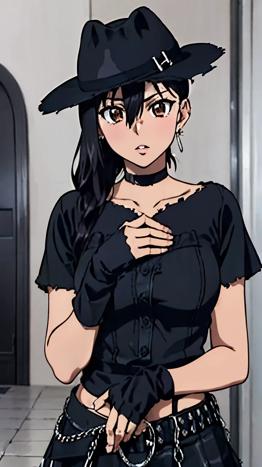 (highest quality, 8k, High resolution, masterpiece:1.2), Anime art style, Hyper Detail, himeragi yukina, Brown eye, Black Hair, Hair between the eyes, Medium Hair, 1 girl, Perfect Face, eye_Light_big,Small medium breast, Soft impression, alone,nffsw, (street rock fashion , (black clothes:1.3) , ripped skirt , fingerless gloves , fedora , belt , natural lips , earrings , heavy makeup , street corner) , looking at the viewer , dynamic angle ,
