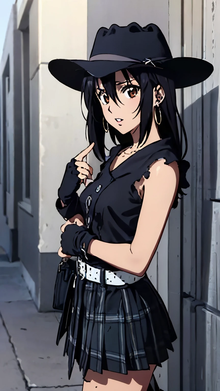 (highest quality, 8k, High resolution, masterpiece:1.2), Anime art style, Hyper Detail, himeragi yukina, Brown eye, Black Hair, Hair between the eyes, Medium Hair, 1 girl, Perfect Face, eye_Light_big,Small medium breast, Soft impression, alone,nffsw, (street rock fashion , (black clothes:1.3) , ripped skirt , fingerless gloves , fedora , belt , natural lips , earrings , heavy makeup , street corner) , looking at the viewer , dynamic angle ,