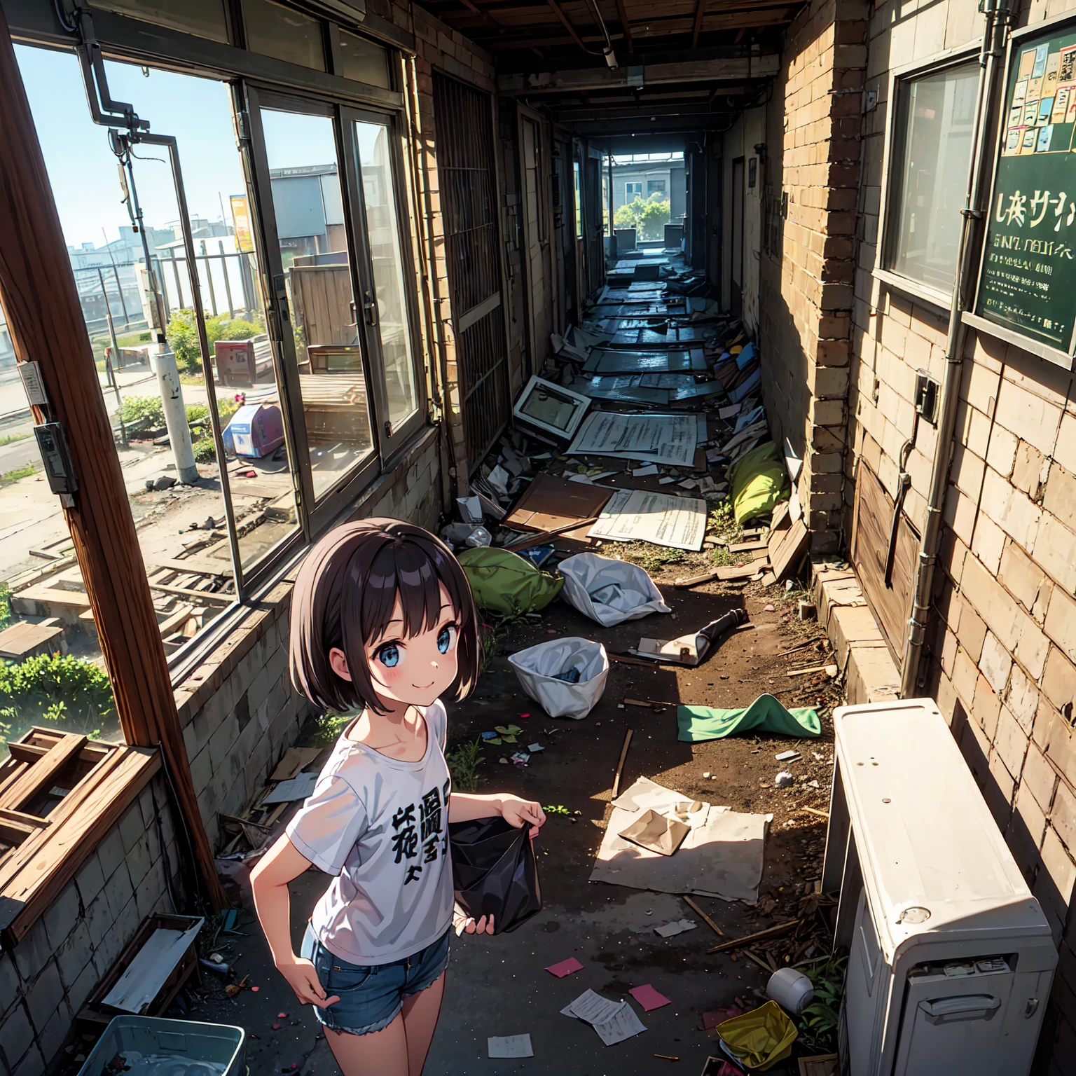 closeup, (hyper-realistic digital illustration), hires, best quality, (beauiful face:1.1), (symmetric highly detailed eyes, fantastic eyes, intricate eyes:1.3), Gloomy, abandoned building, day, close-up, climbing over debris, petite build, subject with messy hair, pale skin, medium breasts, green eyes, ripped jeans and t-shirt, determined expression, natural lighting.unreal 5 render